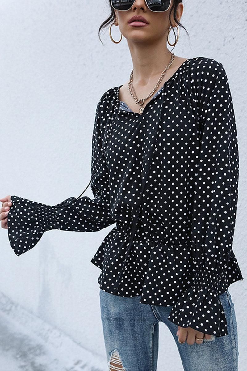 LONG SLEEVE TIED NECK DOT RUFFLE BLOUSE - Doublju