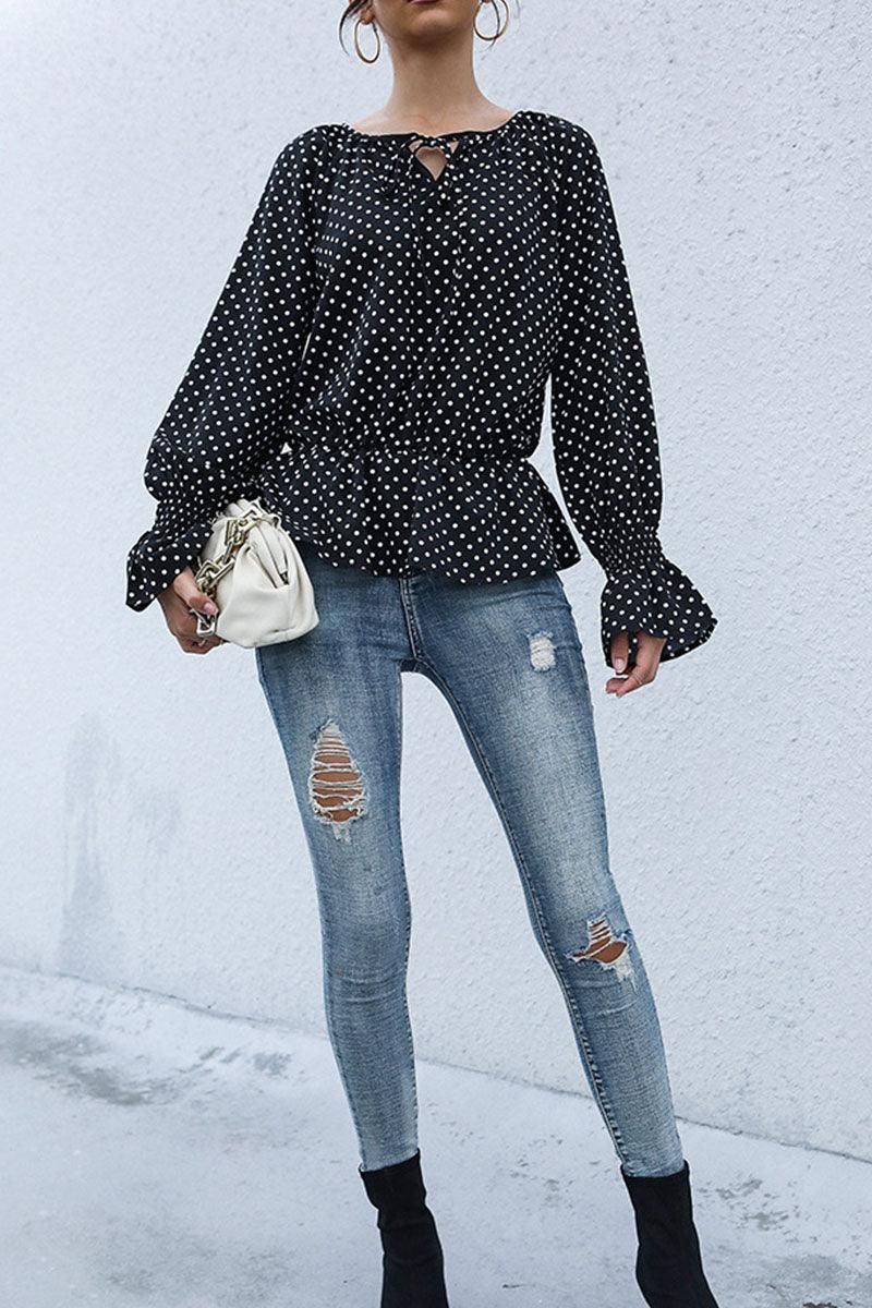 LONG SLEEVE TIED NECK DOT RUFFLE BLOUSE - Doublju