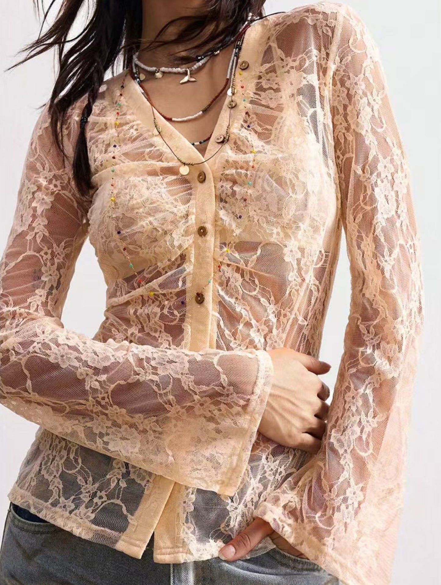 Simple micro-transparent lace slim shirt
