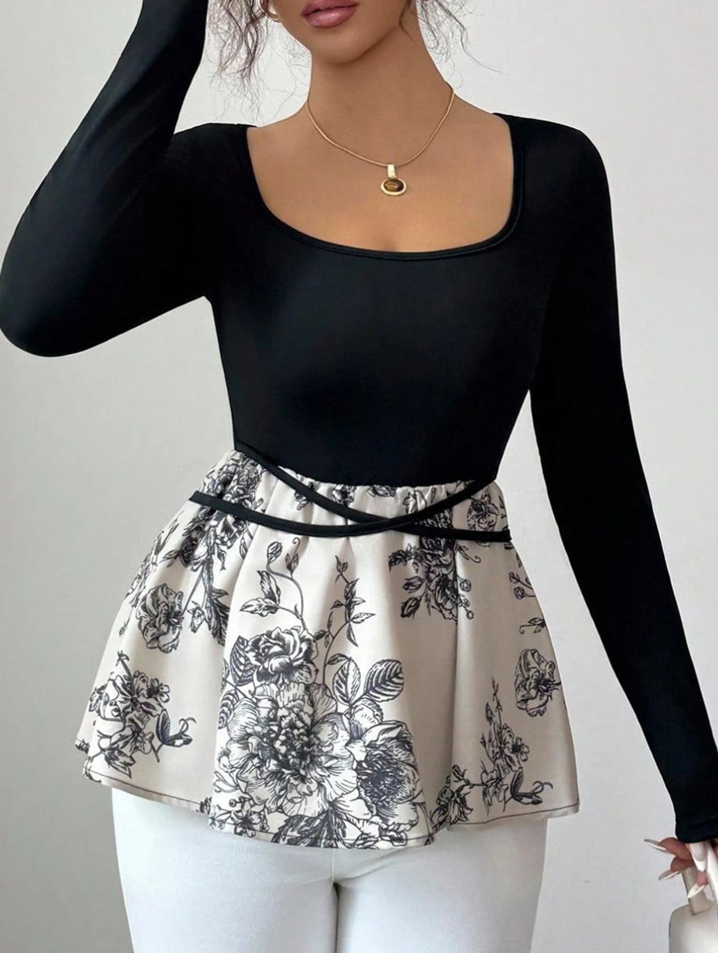 Square neck tie slim fit floral skirt design shirt