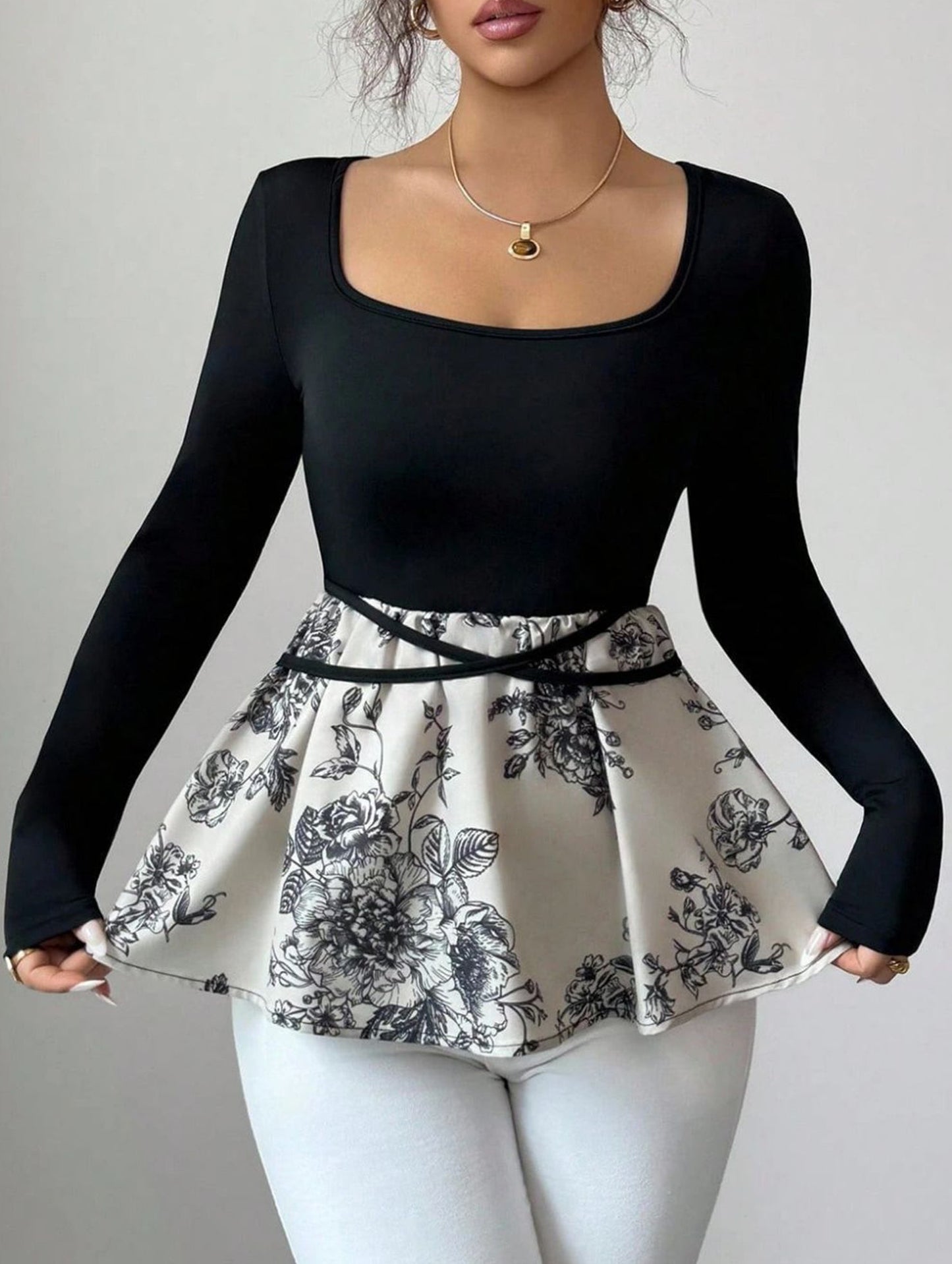 Square neck tie slim fit floral skirt design shirt