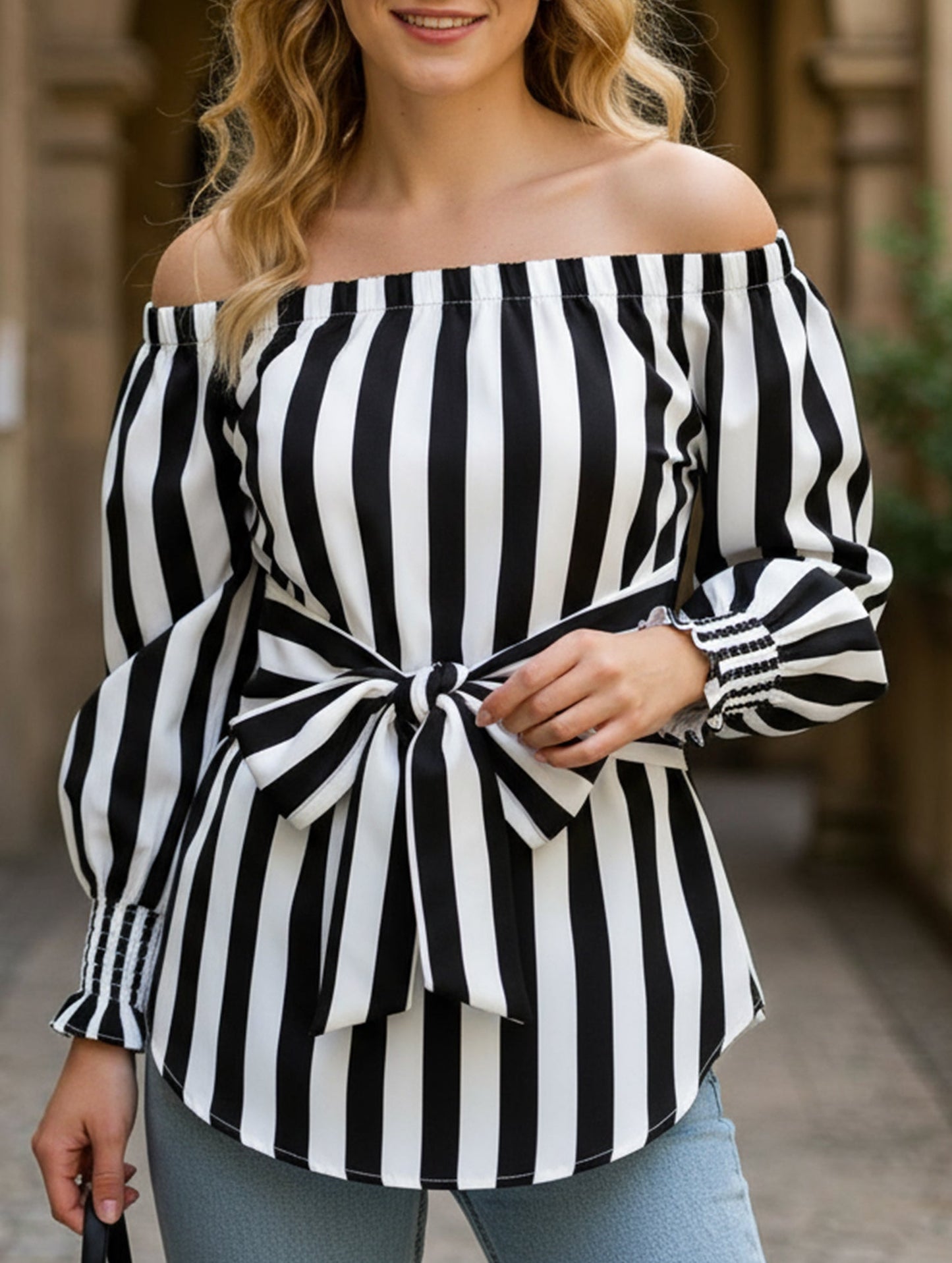 Loose off-the-shoulder asymmetrical striped shirt