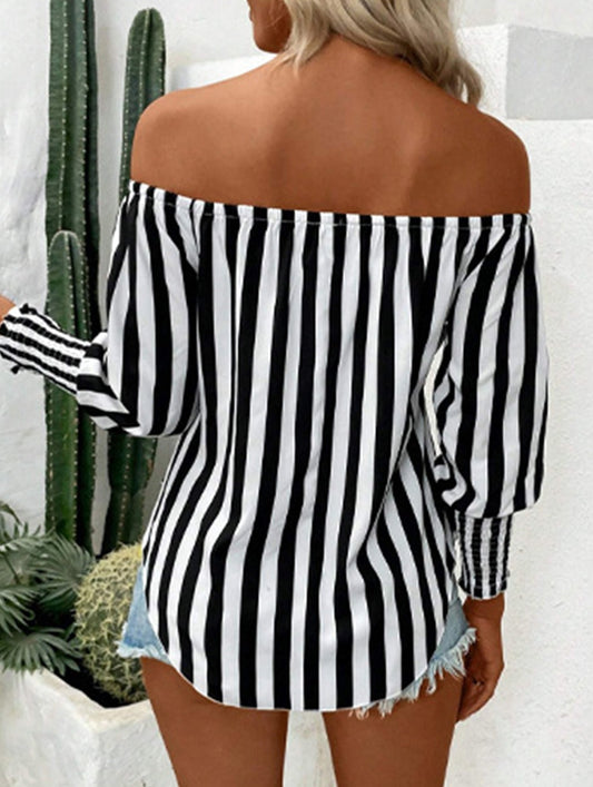 Loose off-the-shoulder asymmetrical striped shirt