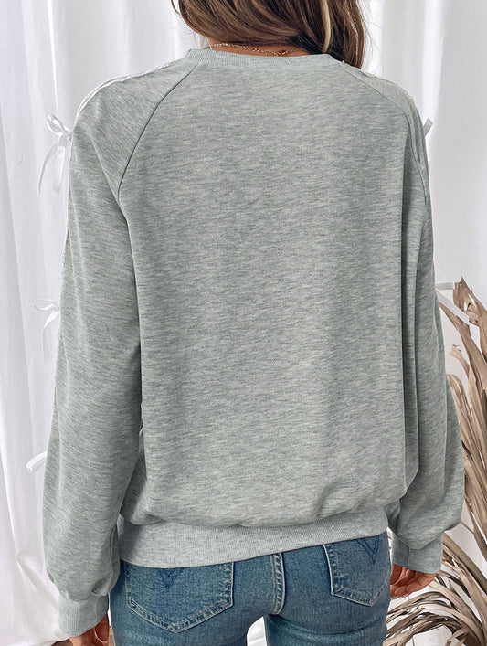 Casual Bow Lace Panel Long Sleeve Sweatshirt
