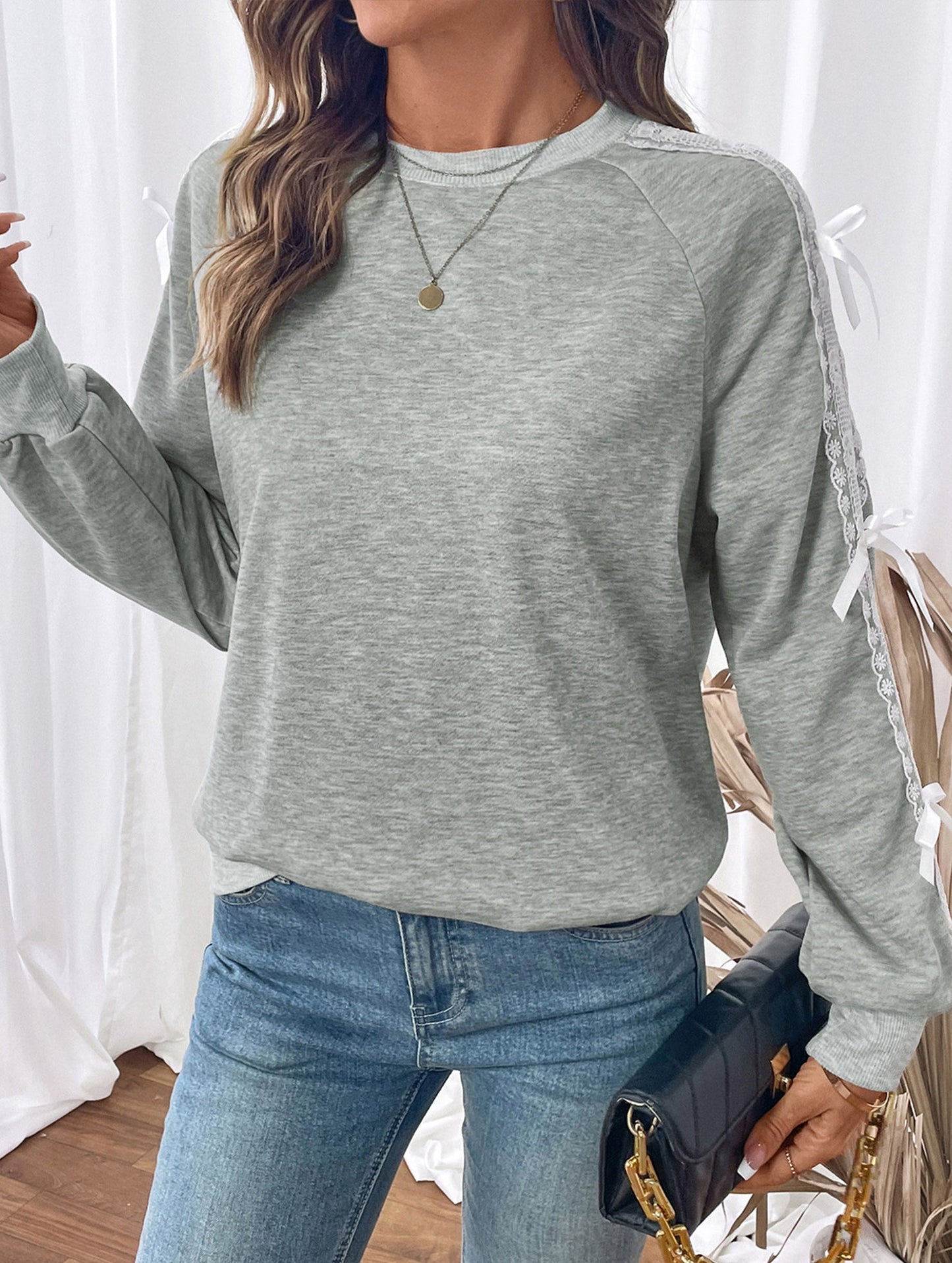 Casual Bow Lace Panel Long Sleeve Sweatshirt