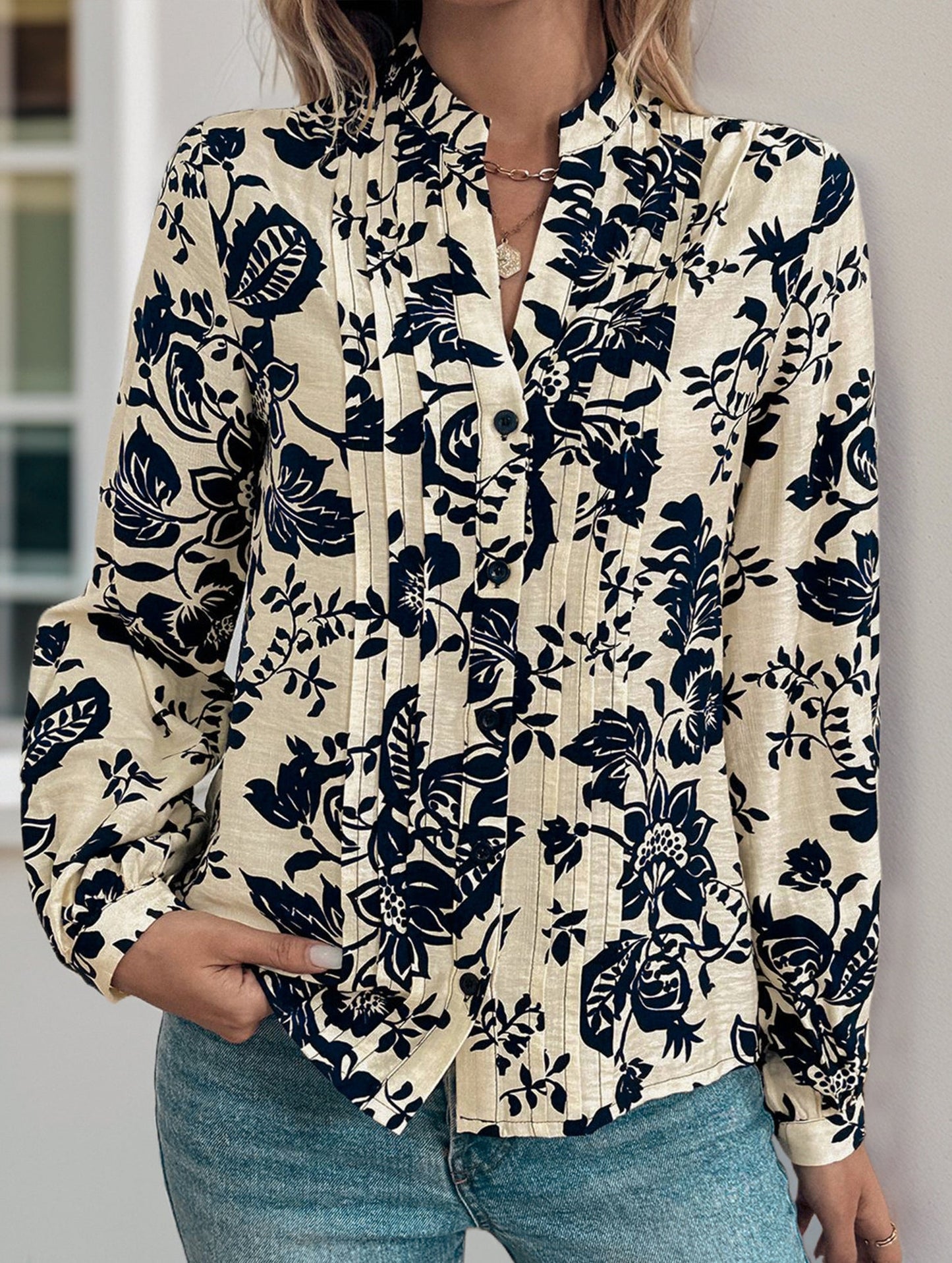 Retro small stand-up collar long-sleeved shirt