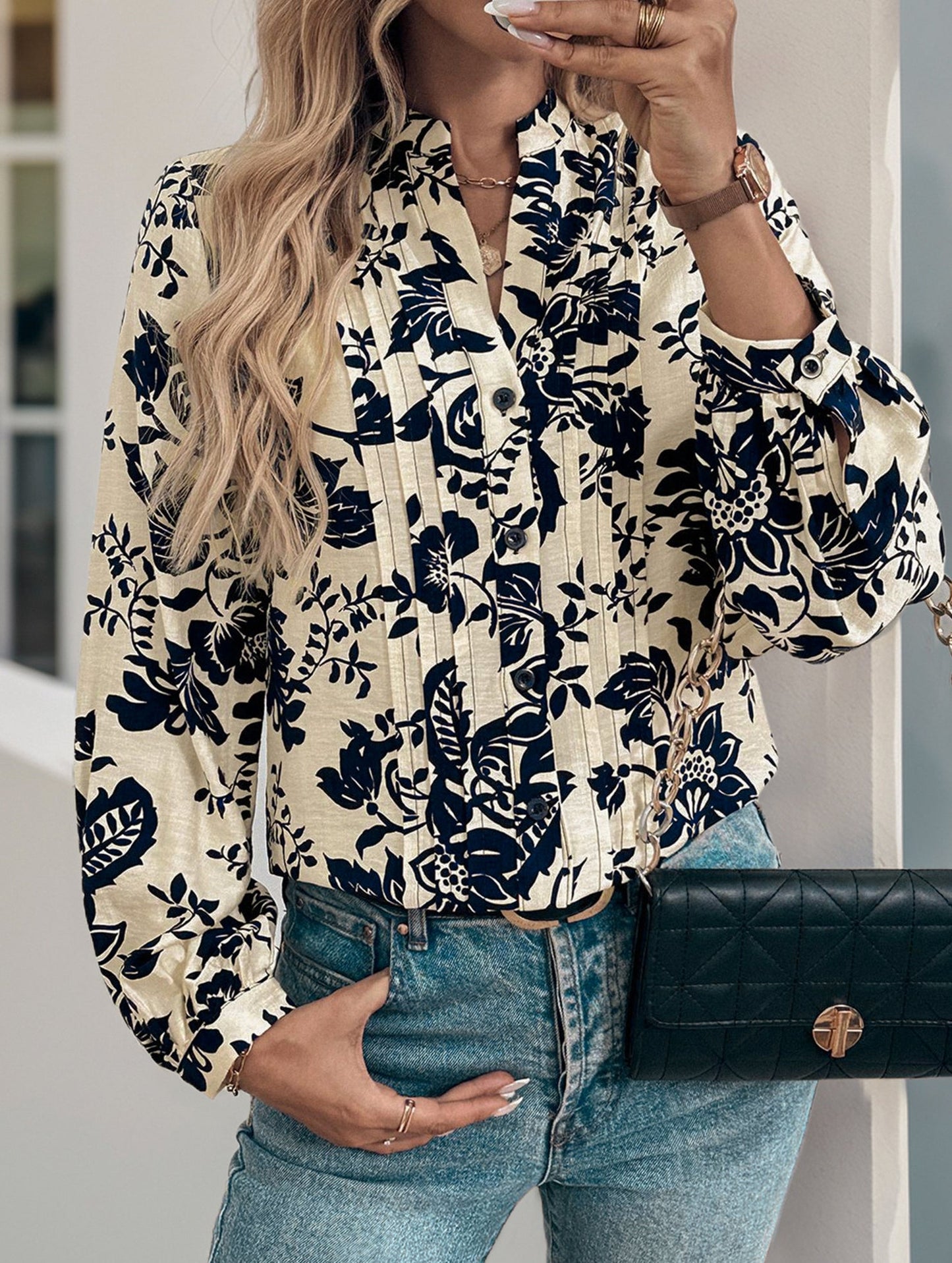 Retro small stand-up collar long-sleeved shirt