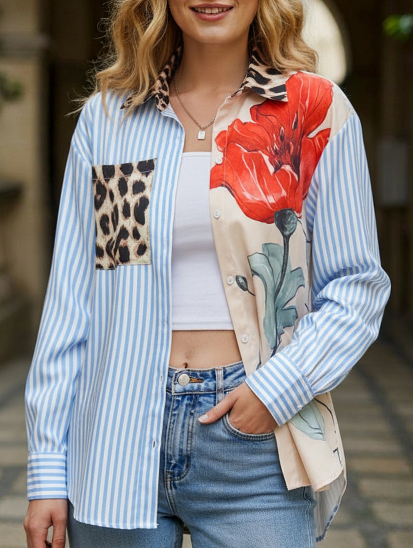 Personalized trendy striped patchwork shirt