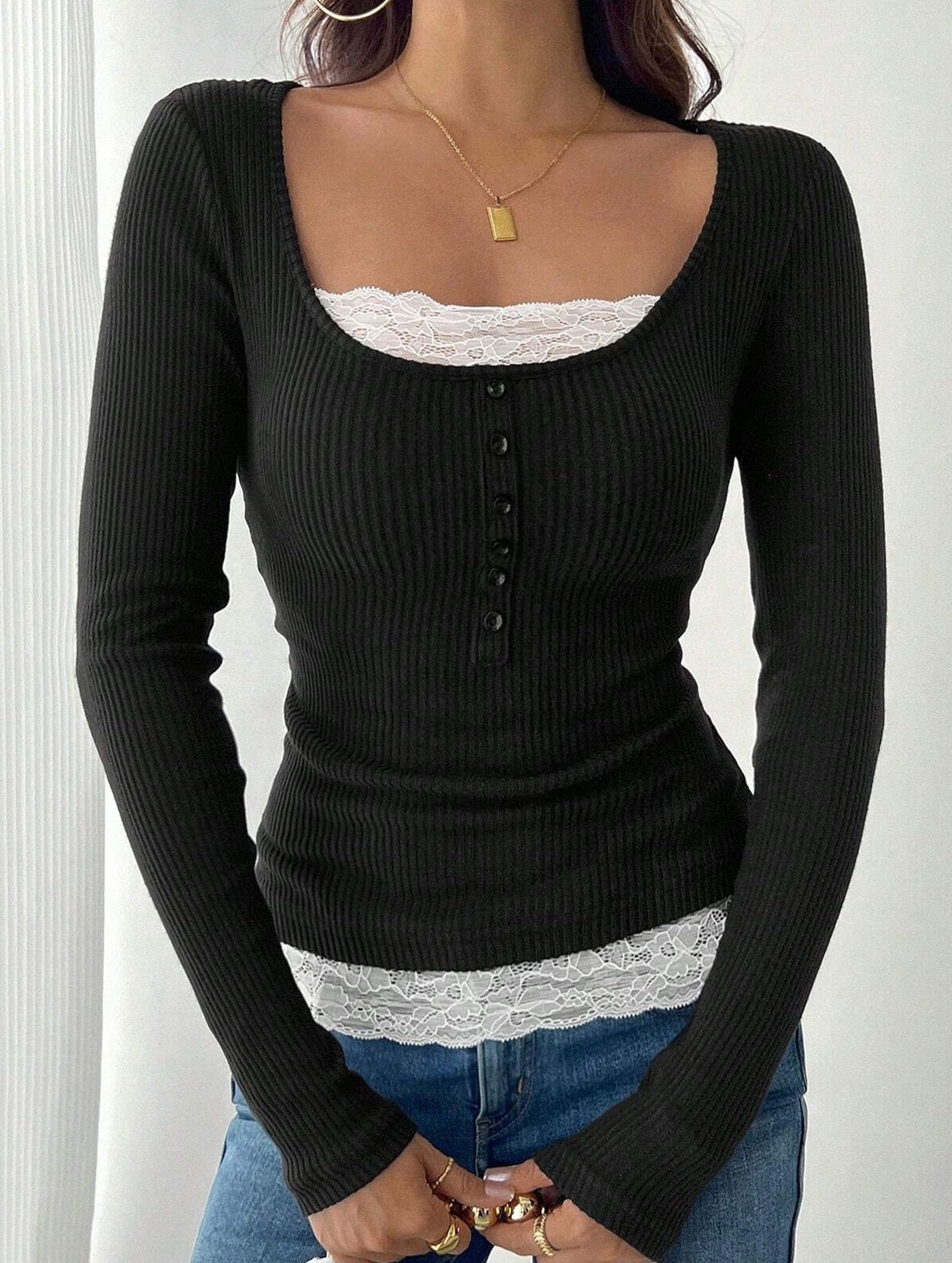 Simple square lace single-breasted slim-fit top