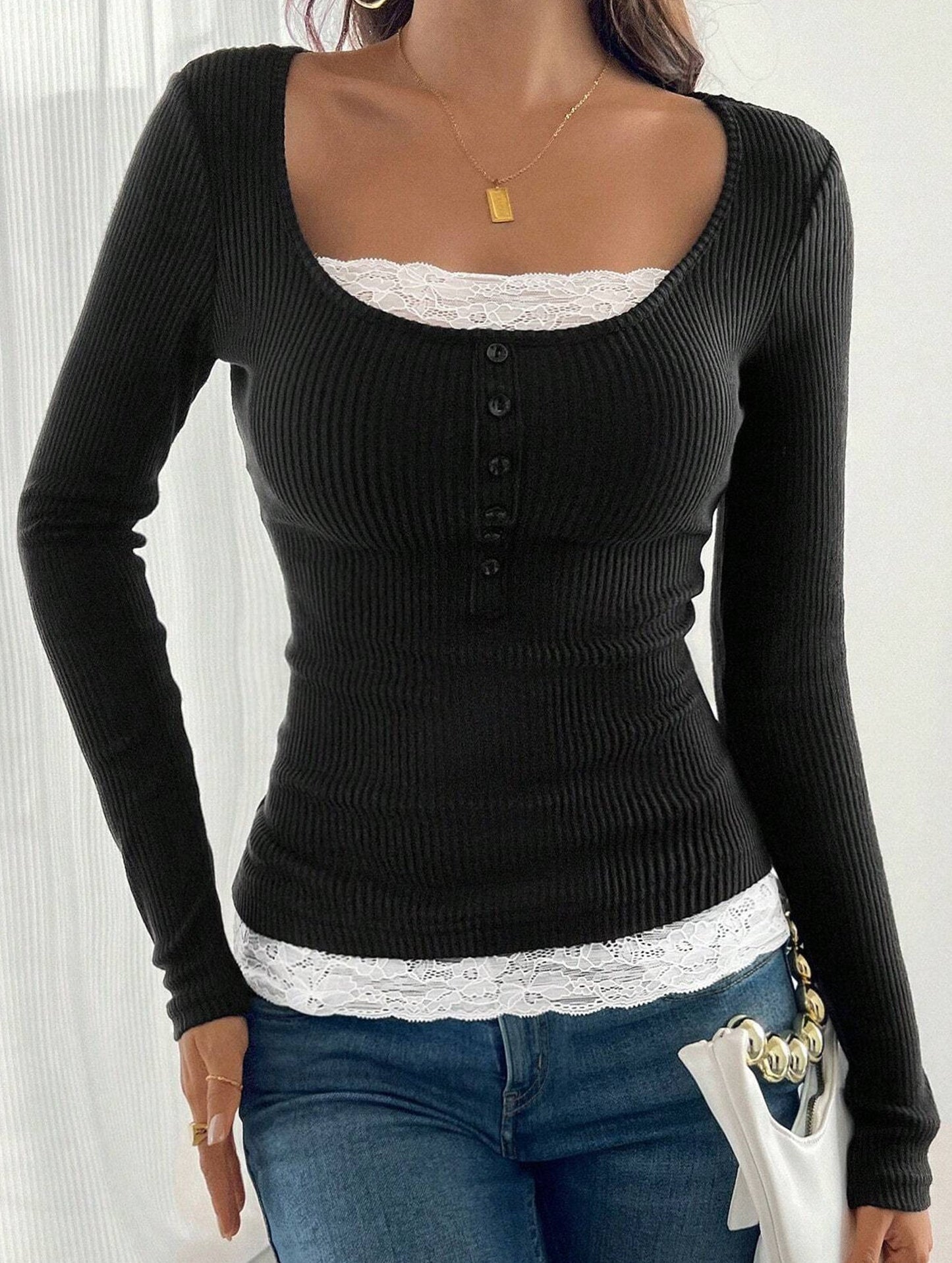 Simple square lace single-breasted slim-fit top