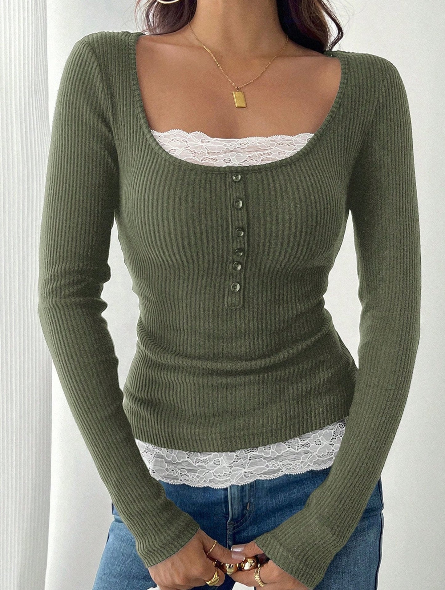 Simple square lace single-breasted slim-fit top