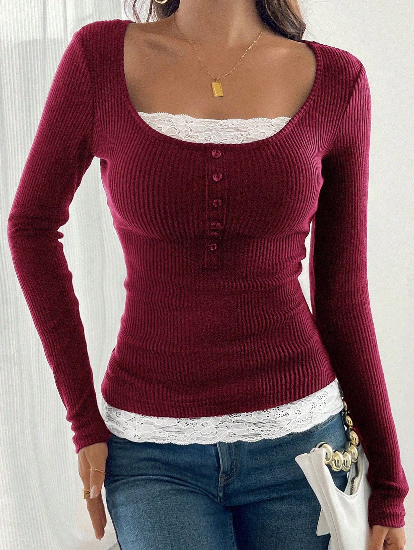 Simple square lace single-breasted slim-fit top
