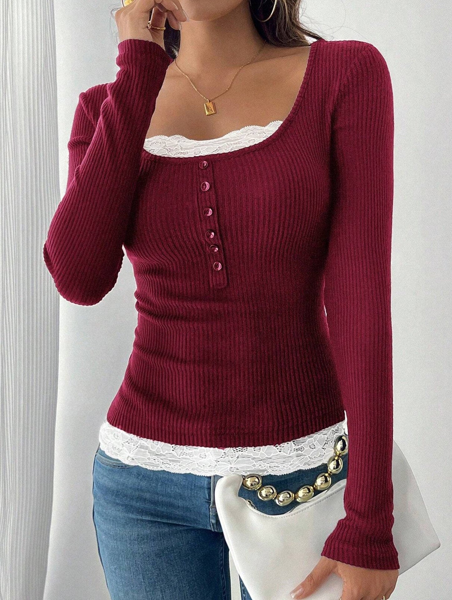 Simple square lace single-breasted slim-fit top