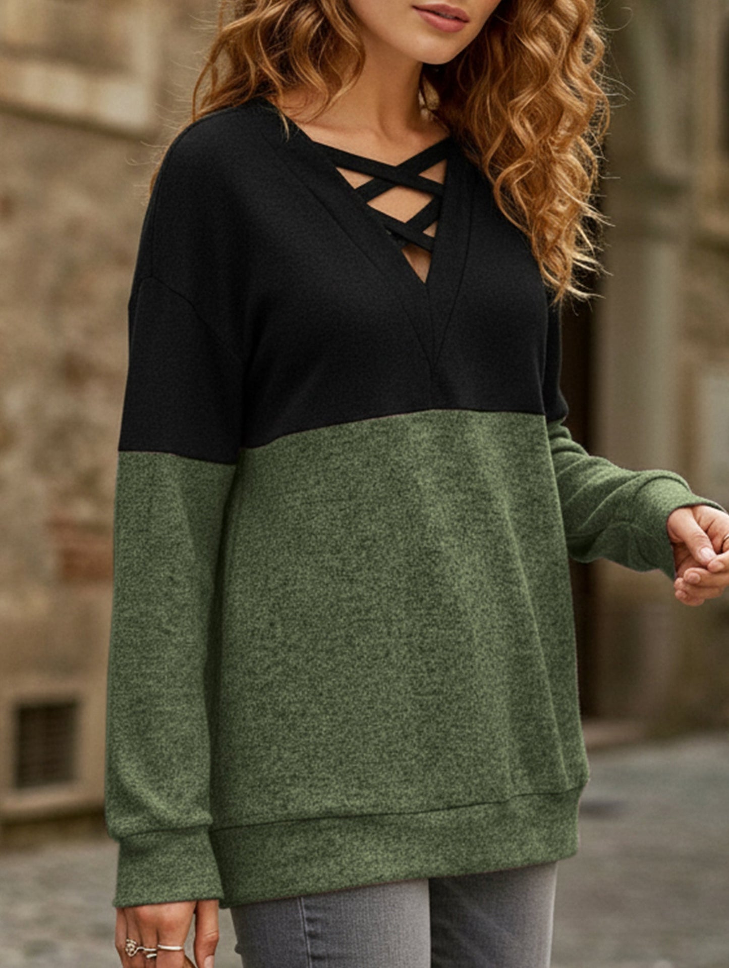 CASUAL V-NECK CROSS-CONTRAST SHIRT TOP