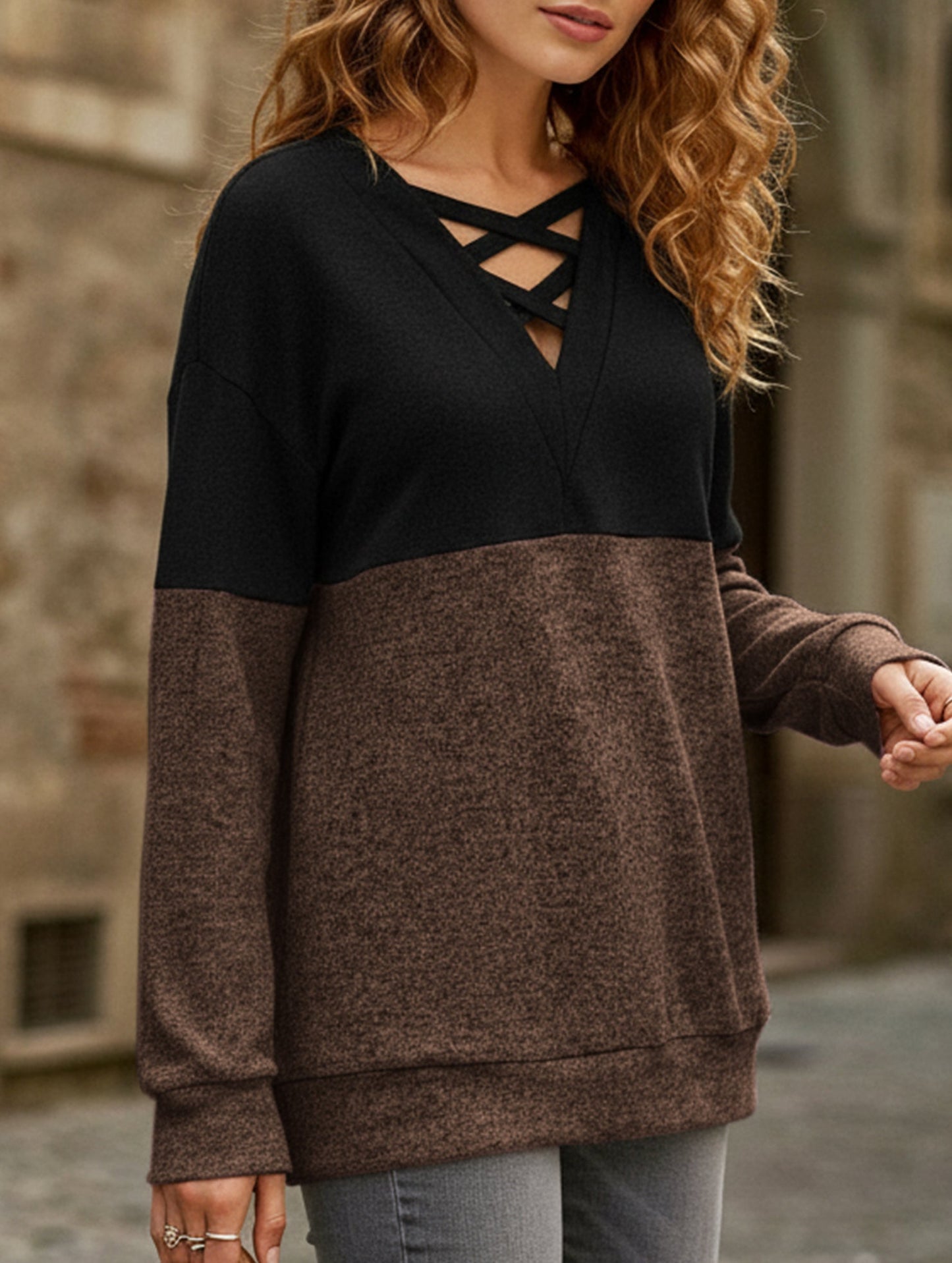 CASUAL V-NECK CROSS-CONTRAST SHIRT TOP