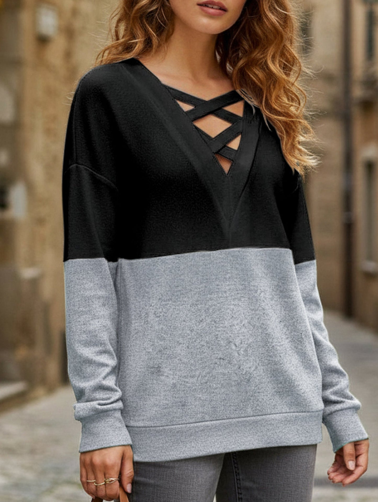 CASUAL V-NECK CROSS-CONTRAST SHIRT TOP