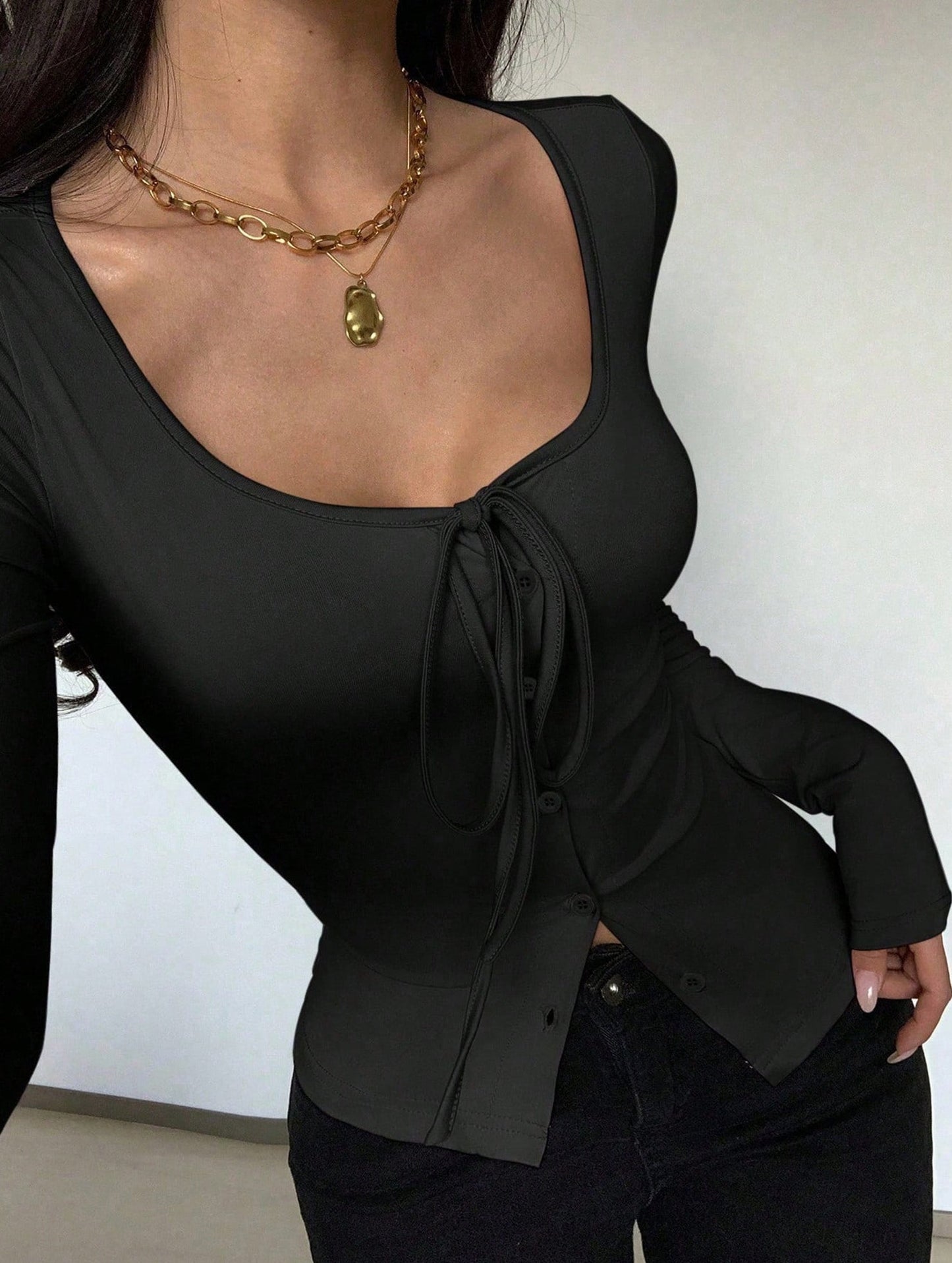 Square neck tie single-breasted long-sleeved top