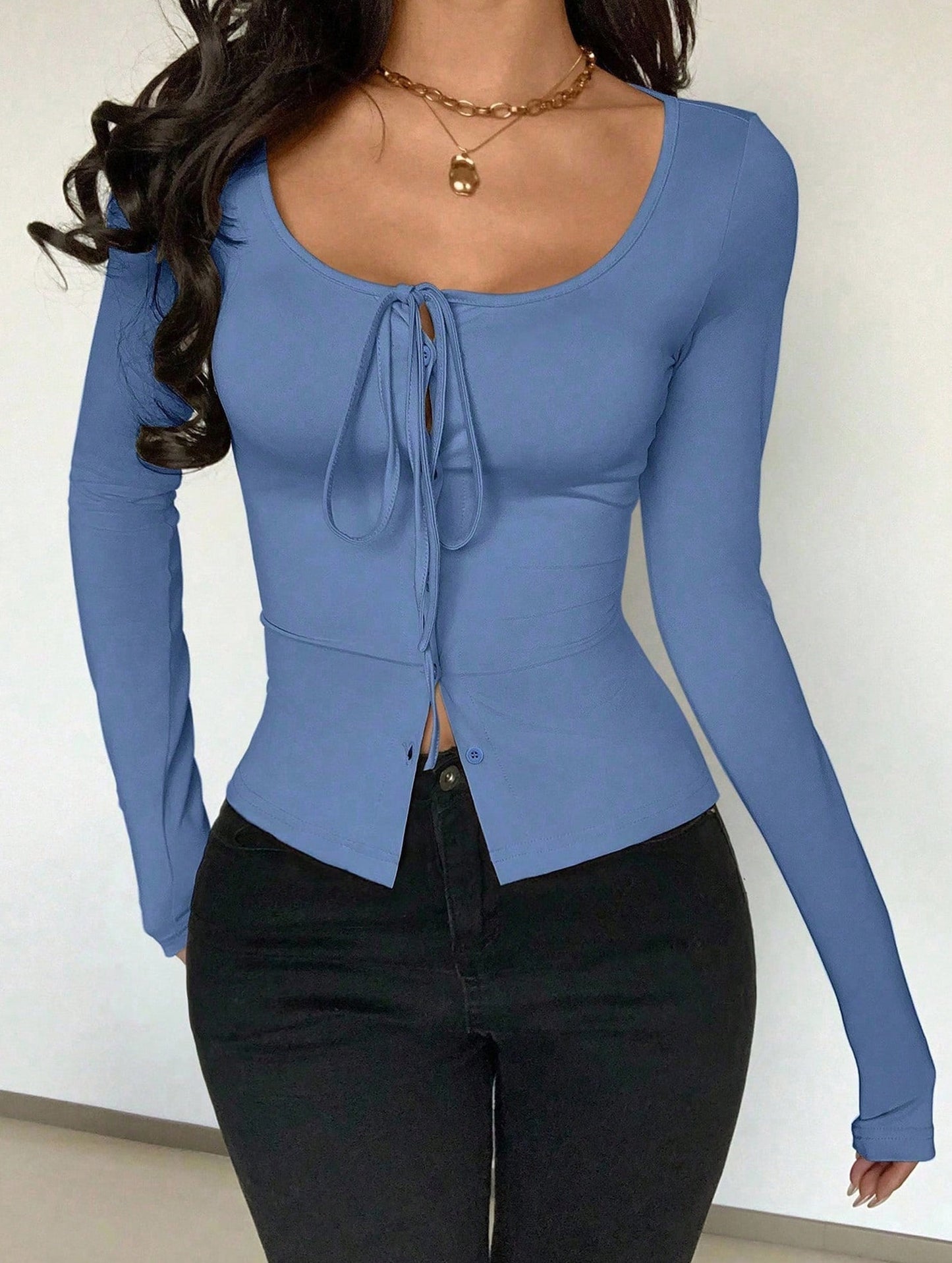 Square neck tie single-breasted long-sleeved top