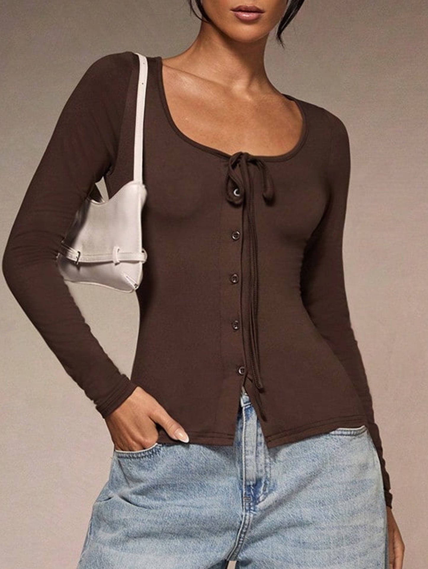 Square neck tie single-breasted long-sleeved top