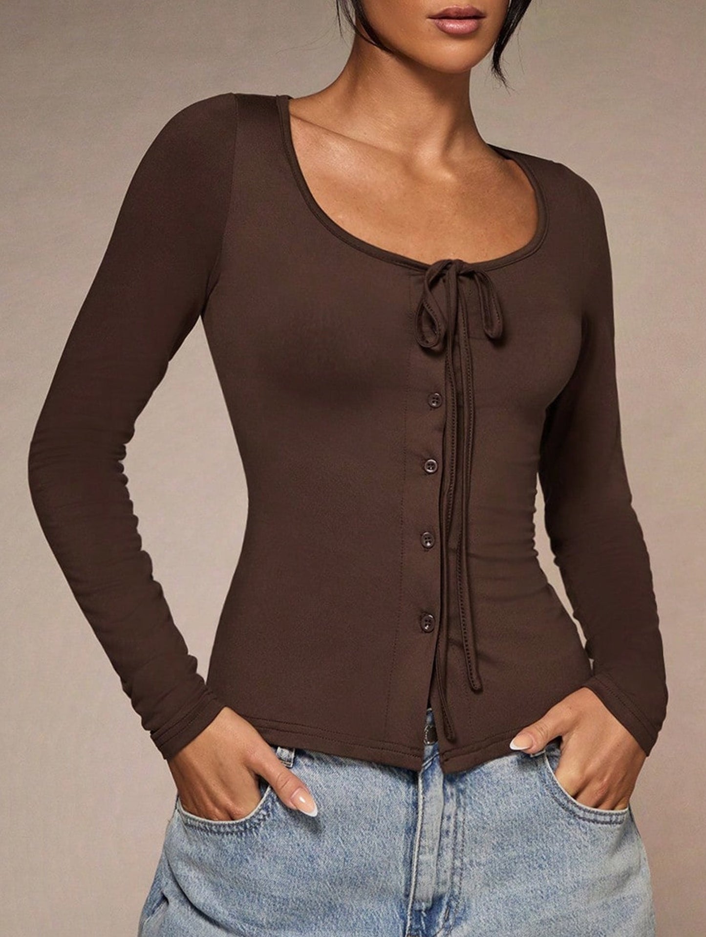 Square neck tie single-breasted long-sleeved top