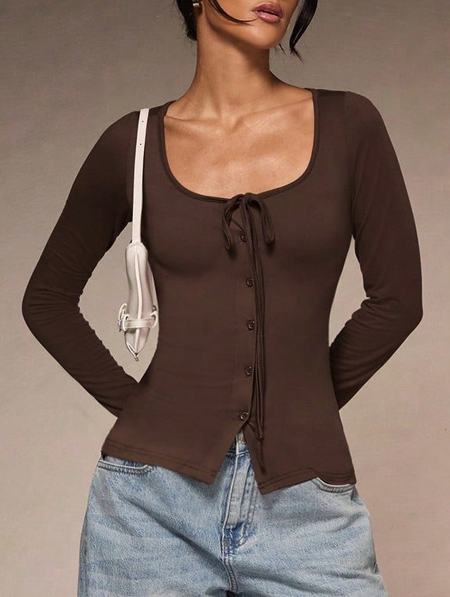 Square neck tie single-breasted long-sleeved top