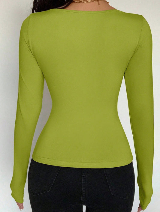 Square neck tie single-breasted long-sleeved top