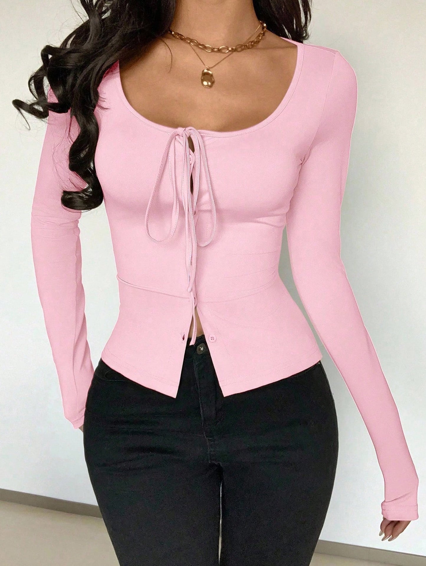 Square neck tie single-breasted long-sleeved top