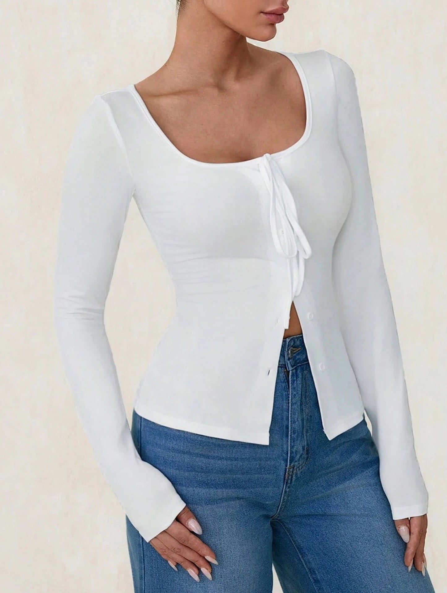 Square neck tie single-breasted long-sleeved top