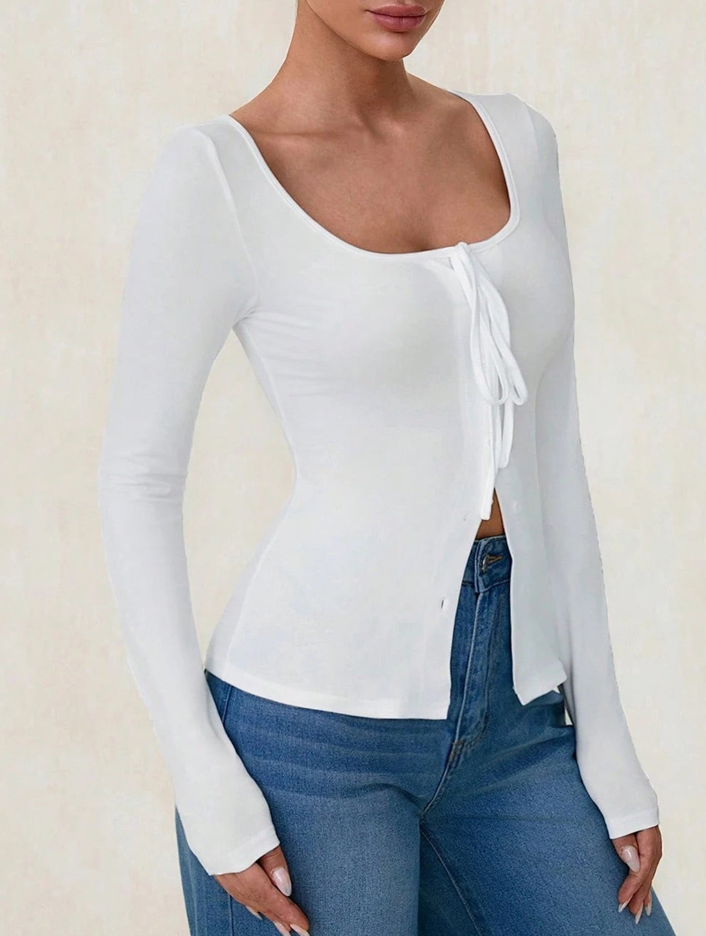 Square neck tie single-breasted long-sleeved top