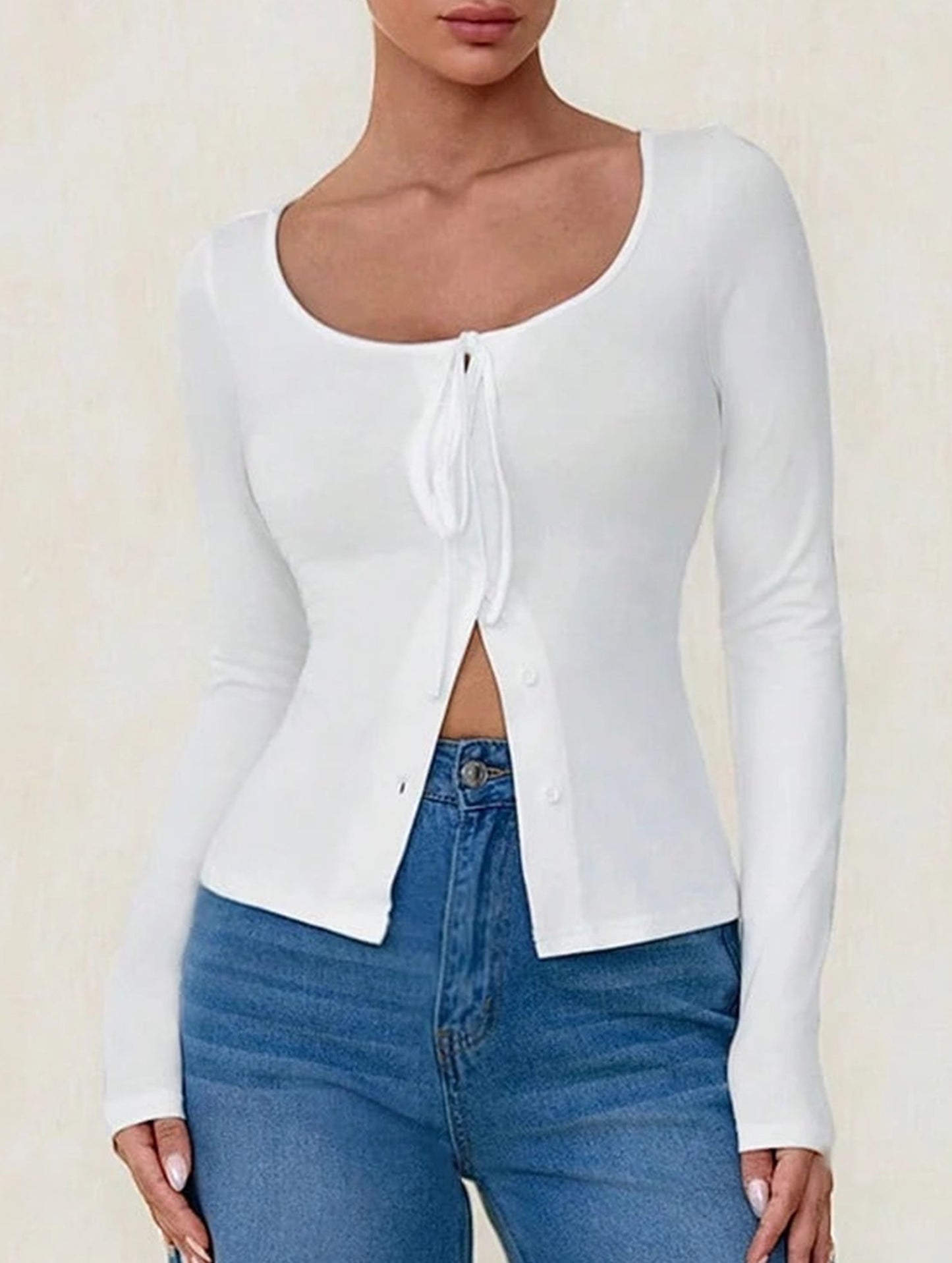 Square neck tie single-breasted long-sleeved top
