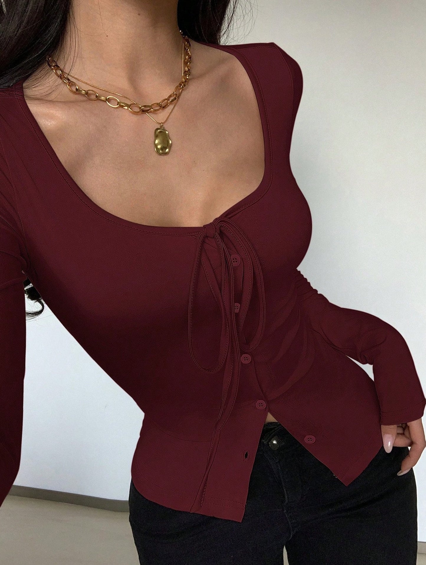 Square neck tie single-breasted long-sleeved top