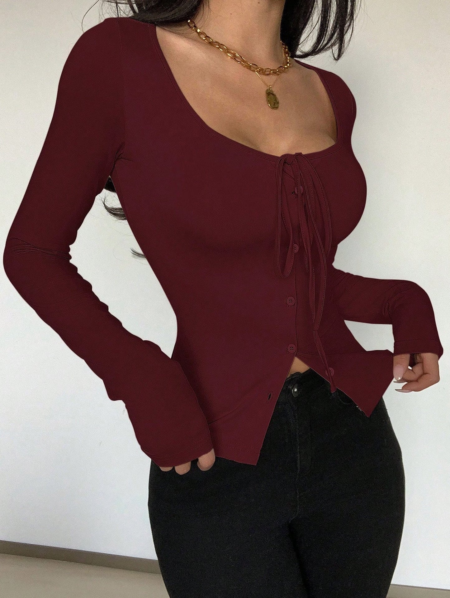 Square neck tie single-breasted long-sleeved top