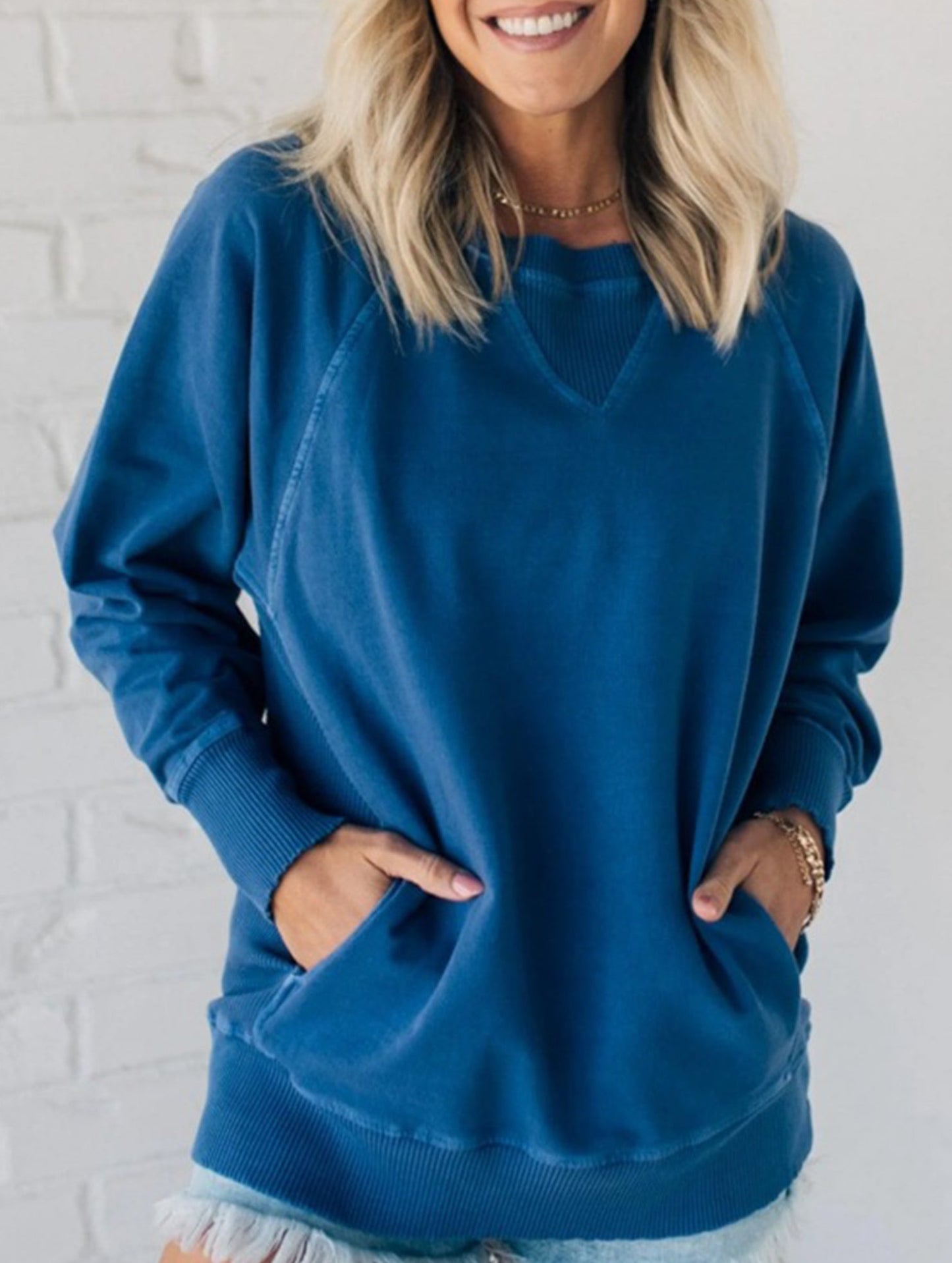 Women's ribbed sleeve loose pullover sweatshirt