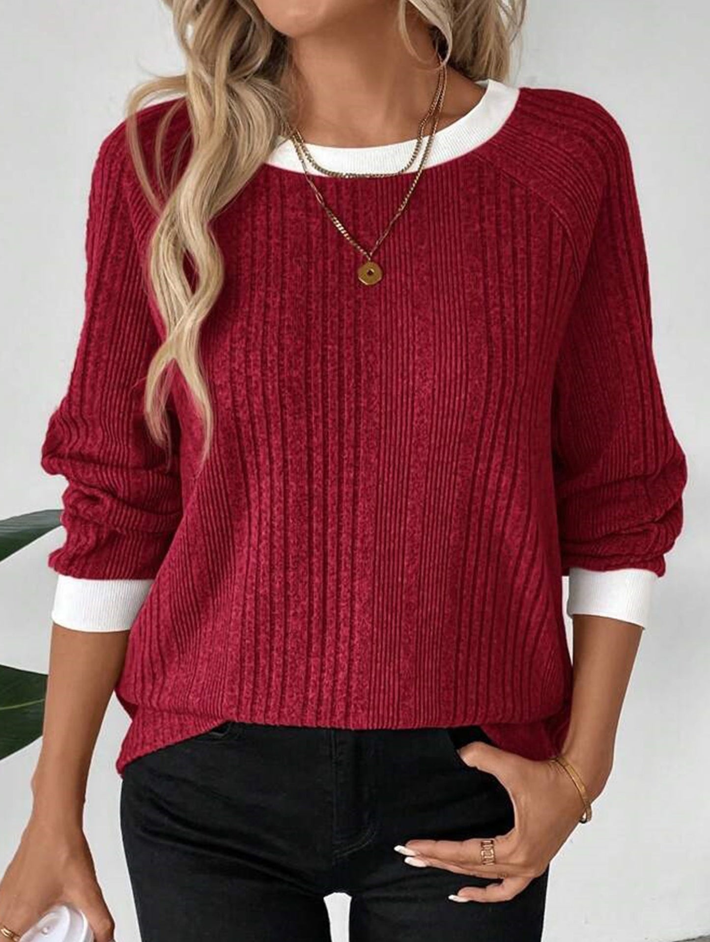 Crew neck long sleeve ribbed warm sweater