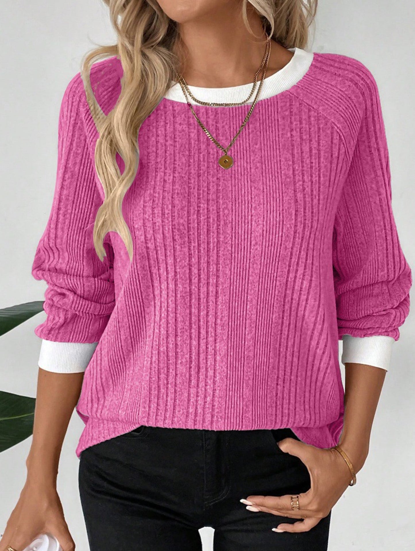 Crew neck long sleeve ribbed warm sweater