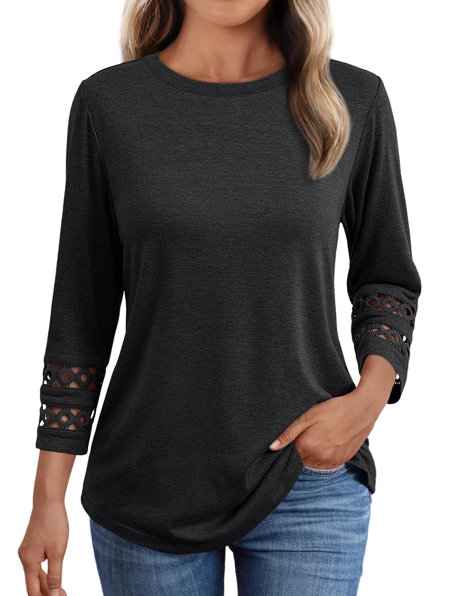 Casual Crew Neck Lace Tunic Top