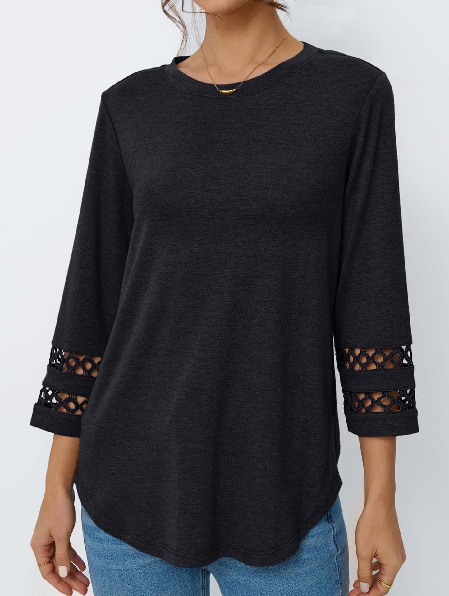 Casual Crew Neck Lace Tunic Top