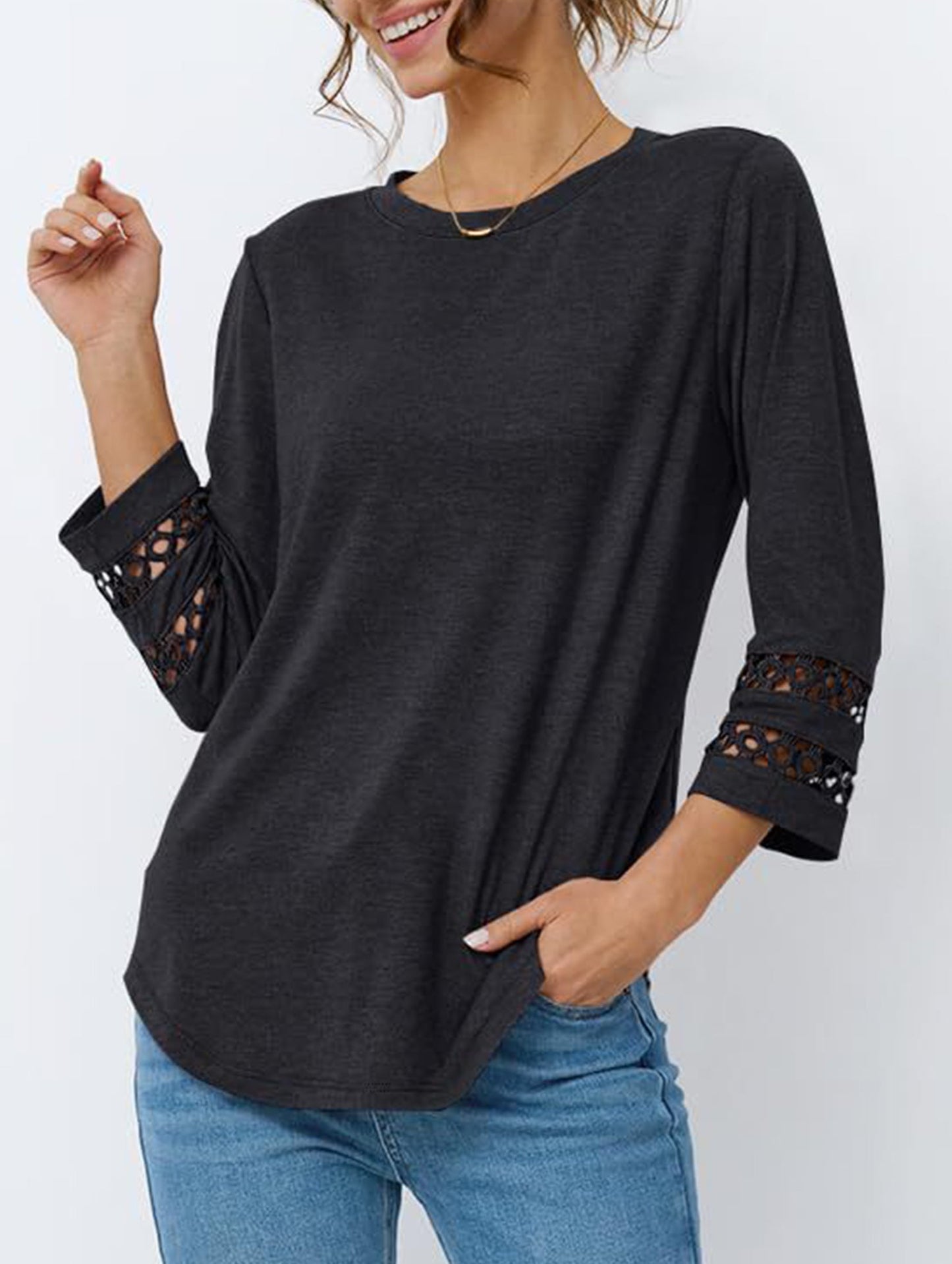 Casual Crew Neck Lace Tunic Top