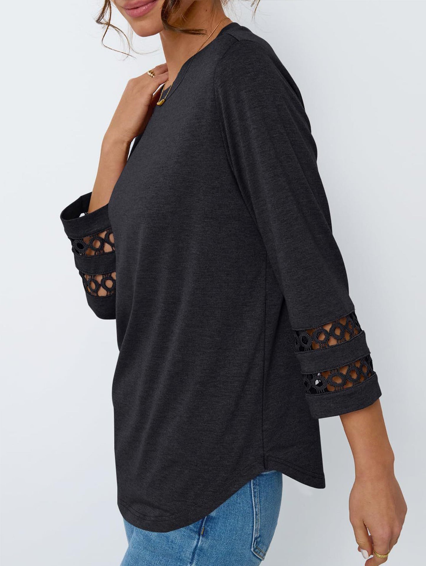 Casual Crew Neck Lace Tunic Top