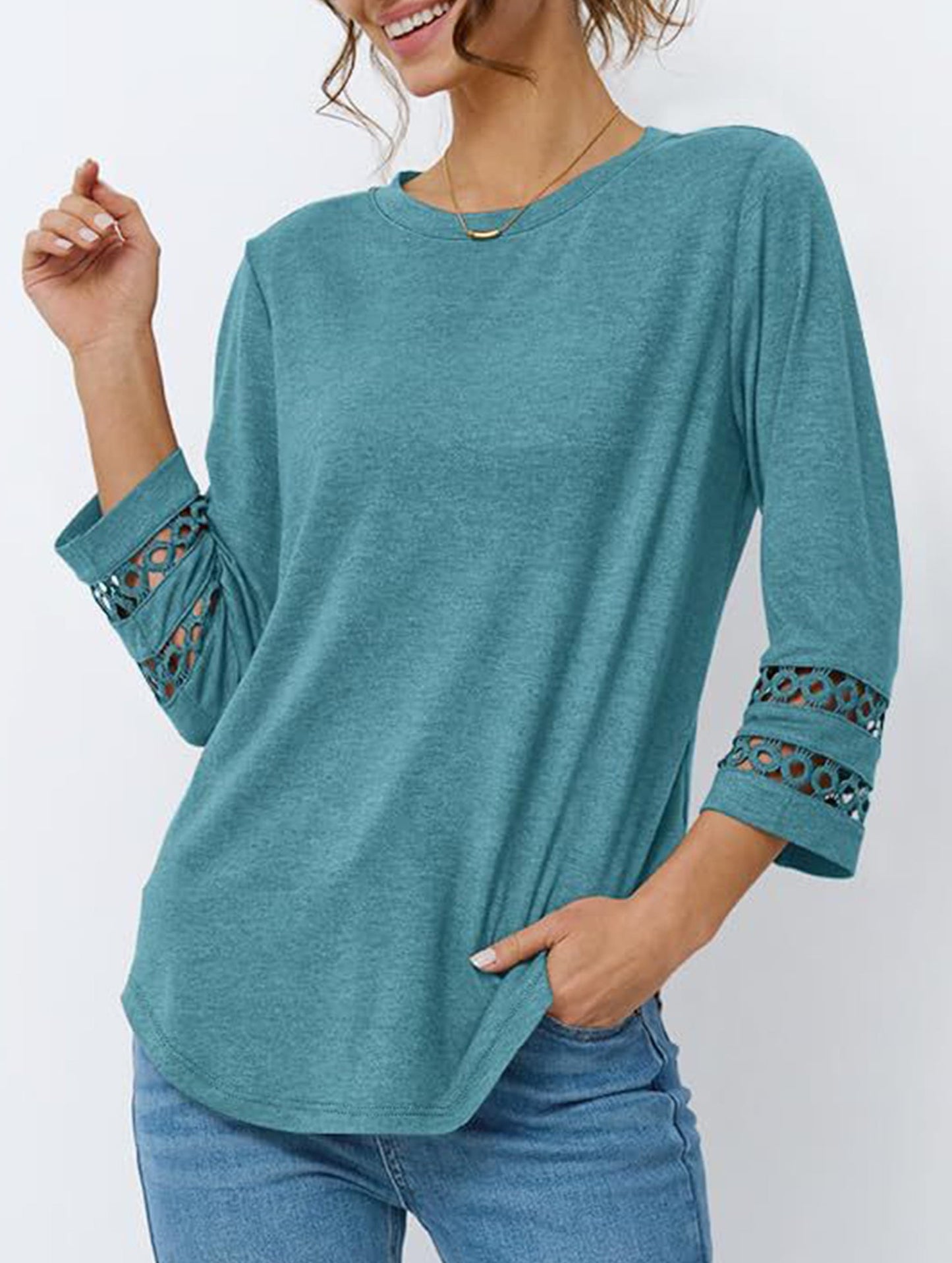 Casual Crew Neck Lace Tunic Top
