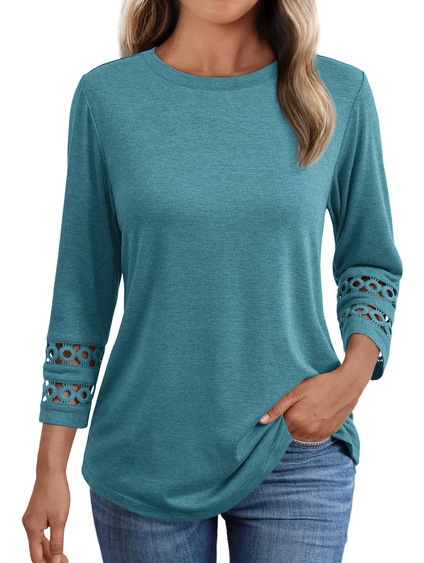 Casual Crew Neck Lace Tunic Top