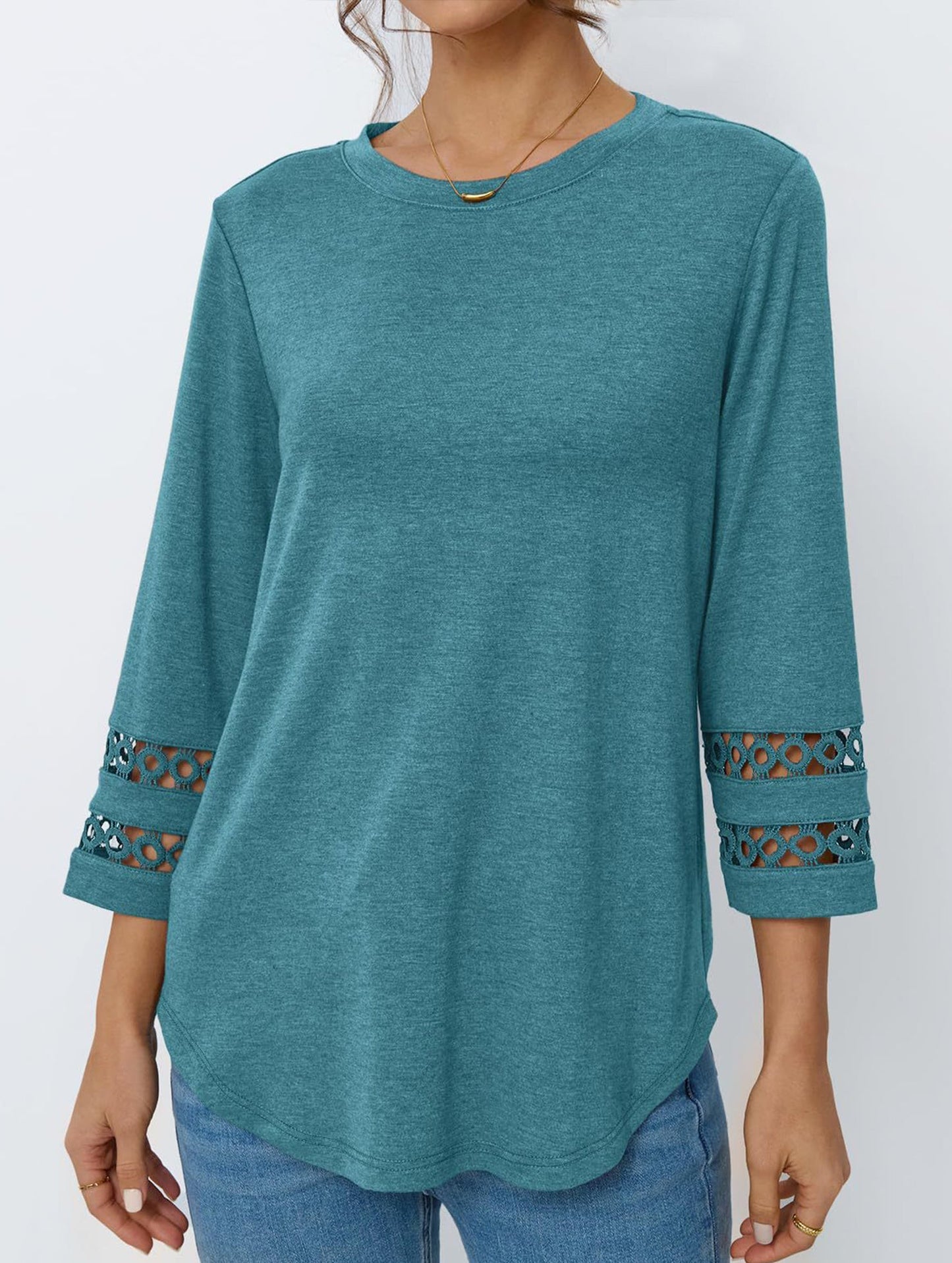 Casual Crew Neck Lace Tunic Top