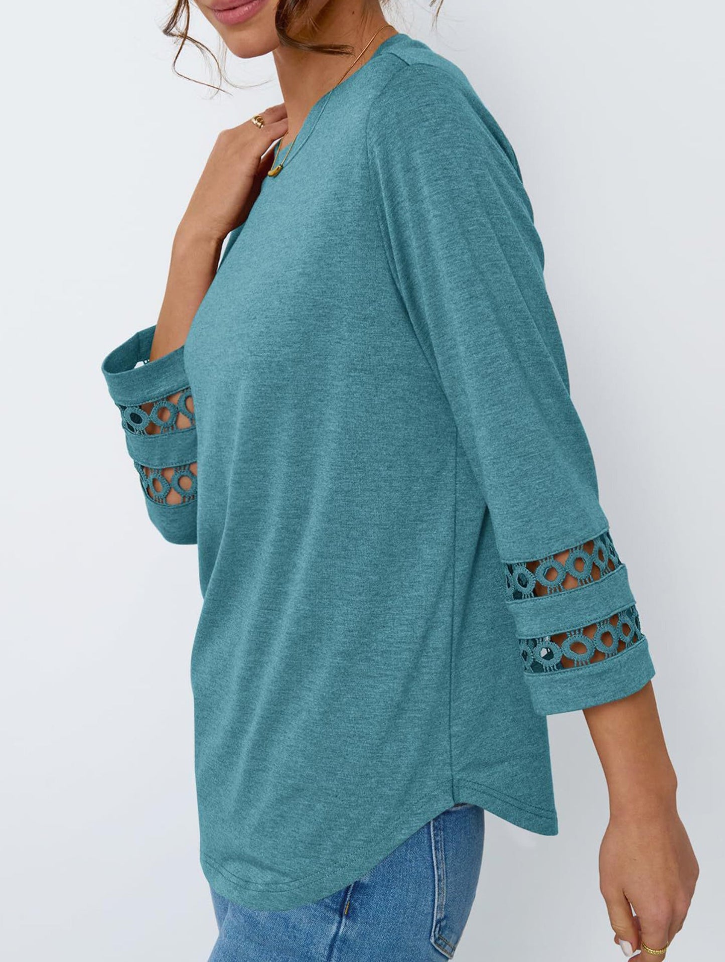Casual Crew Neck Lace Tunic Top
