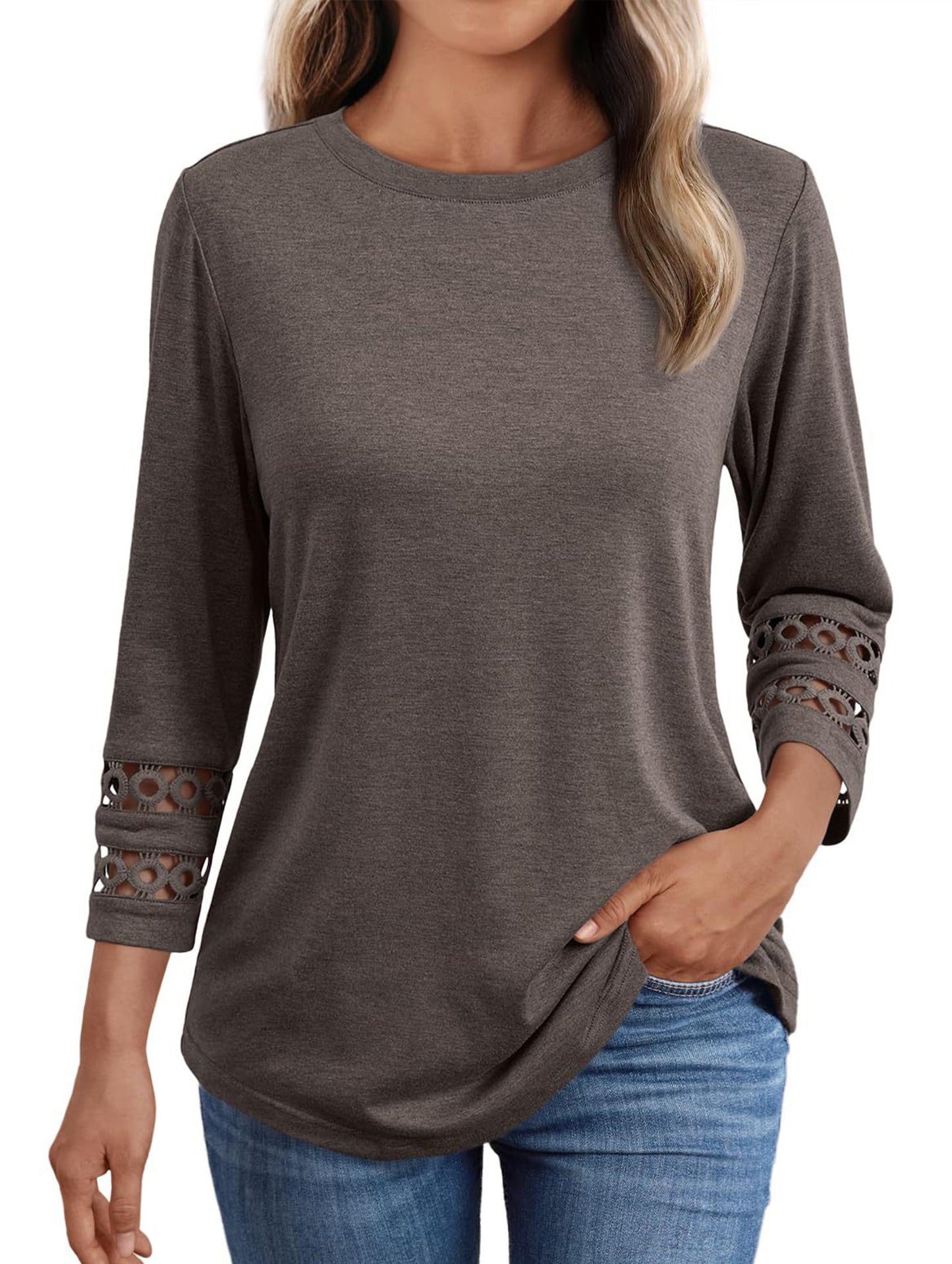 Casual Crew Neck Lace Tunic Top