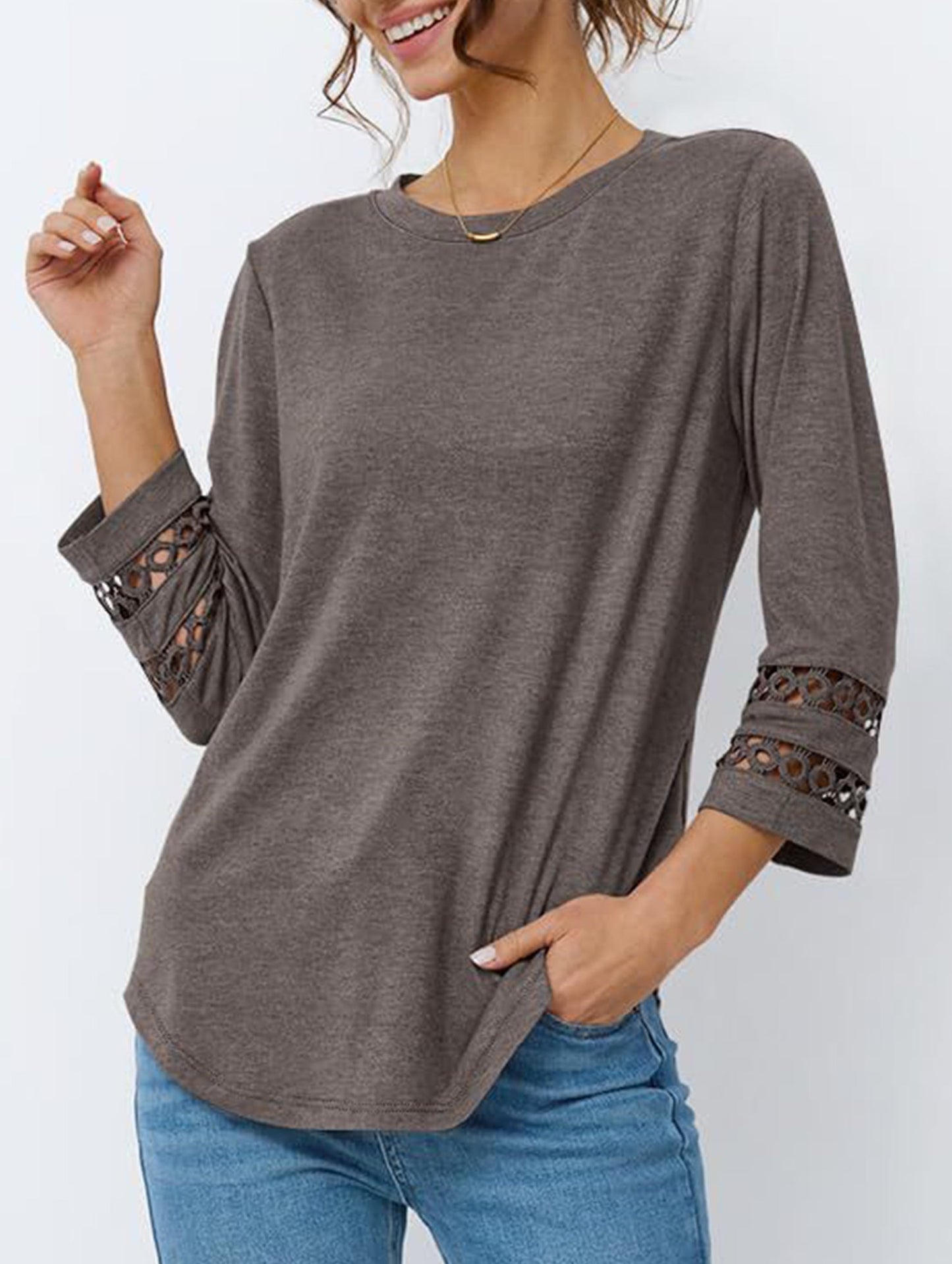 Casual Crew Neck Lace Tunic Top