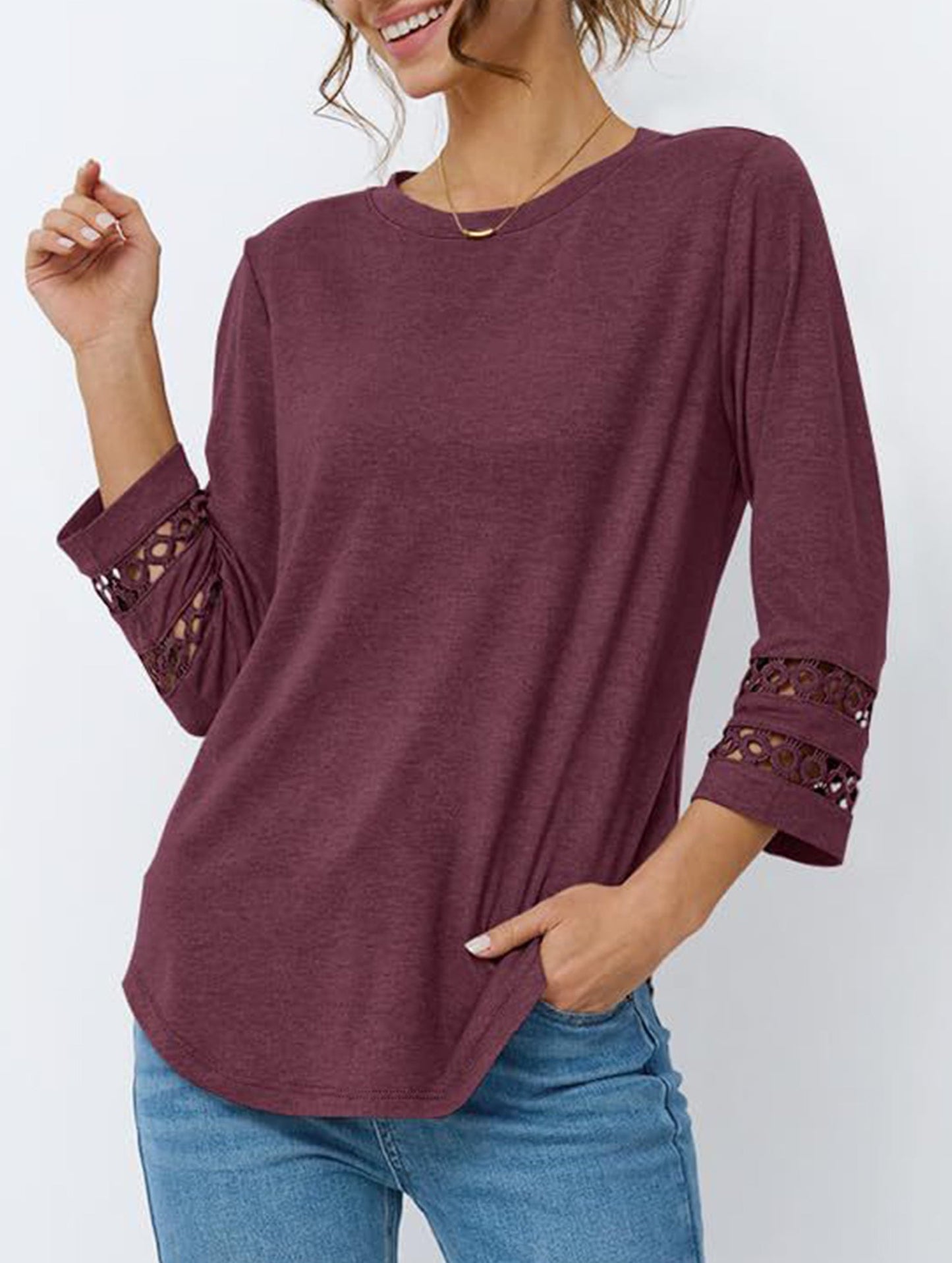 Casual Crew Neck Lace Tunic Top