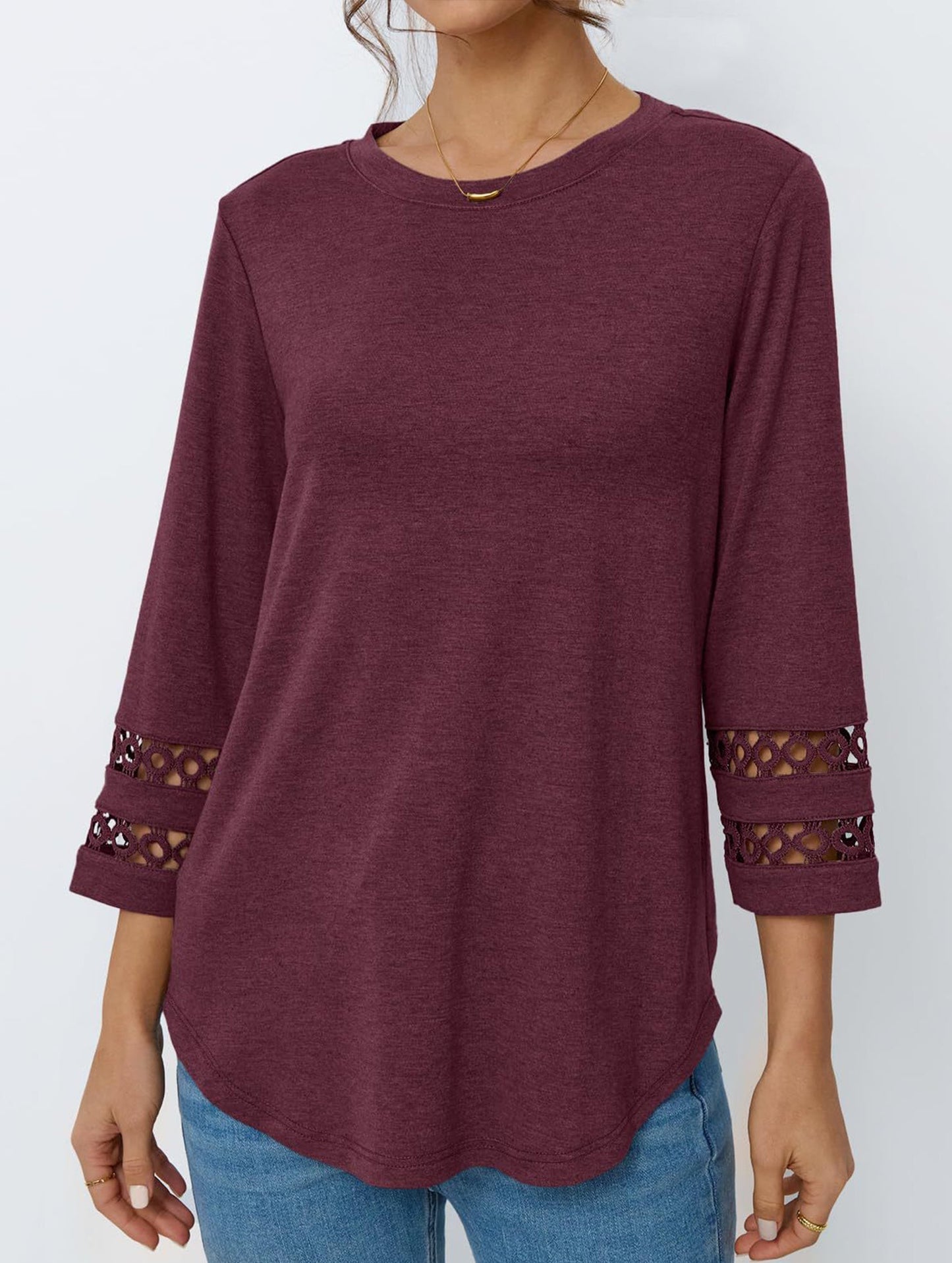 Casual Crew Neck Lace Tunic Top