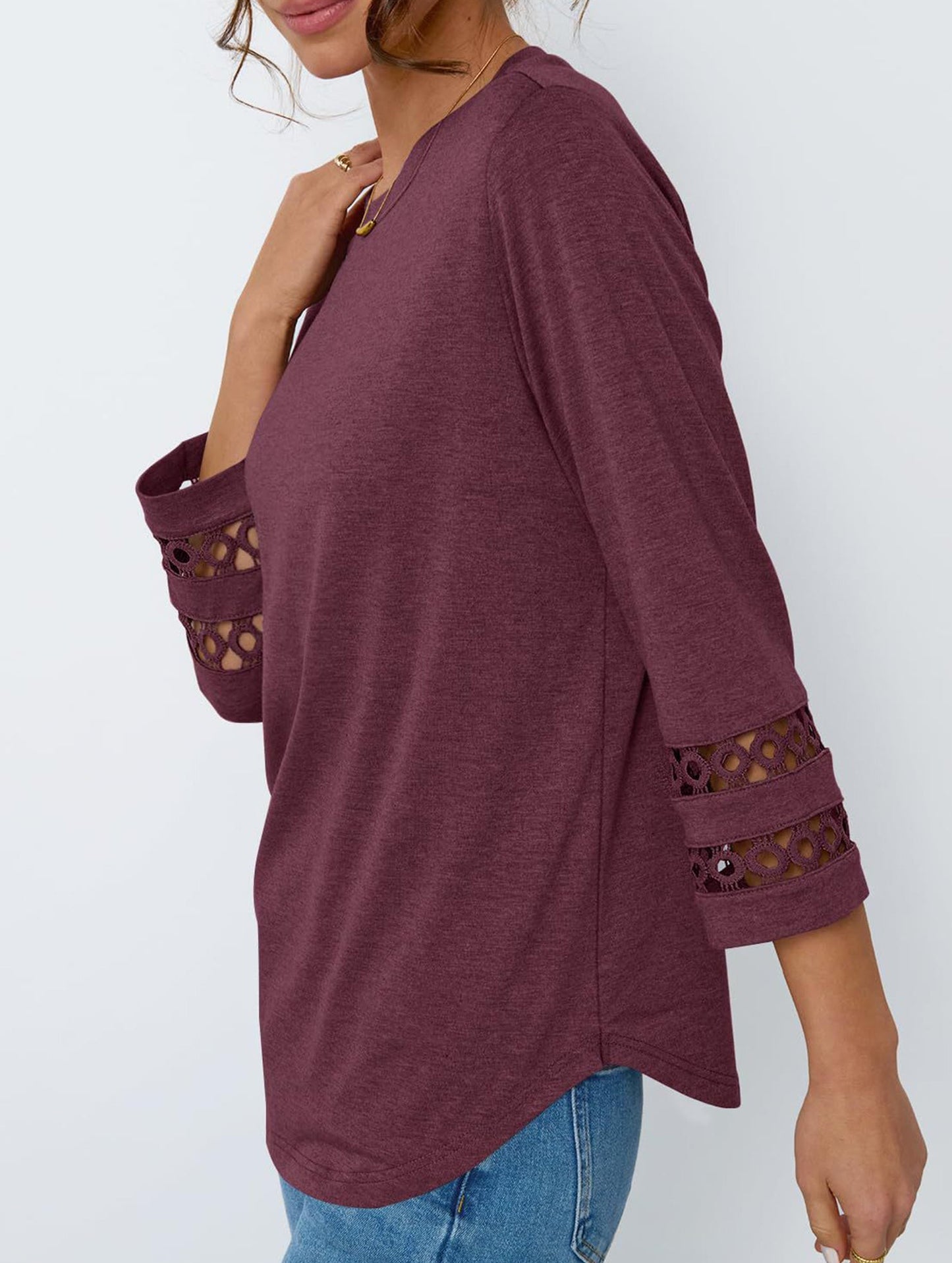 Casual Crew Neck Lace Tunic Top