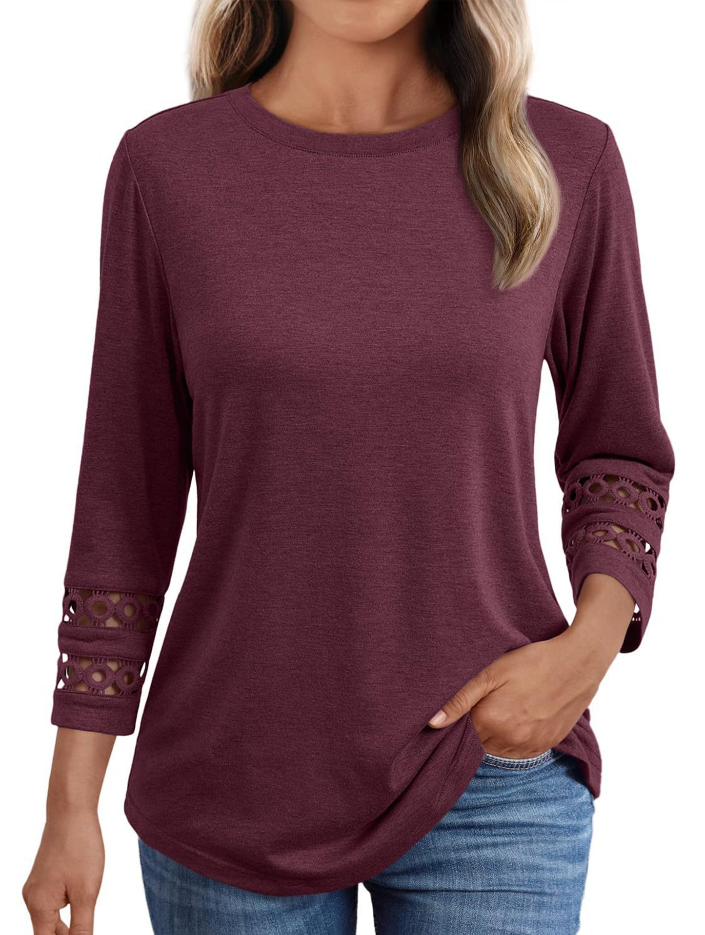 Casual Crew Neck Lace Tunic Top