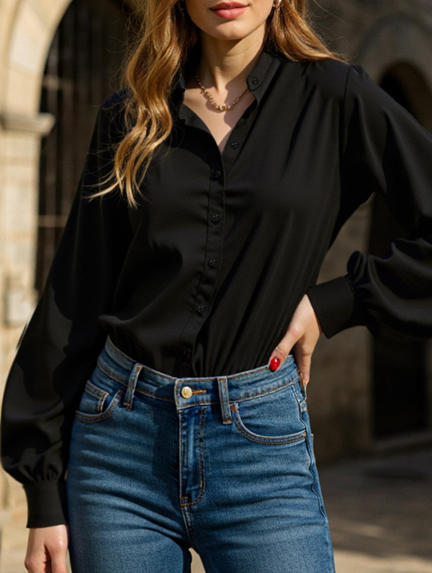 Women's solid color loose stand collar shirt